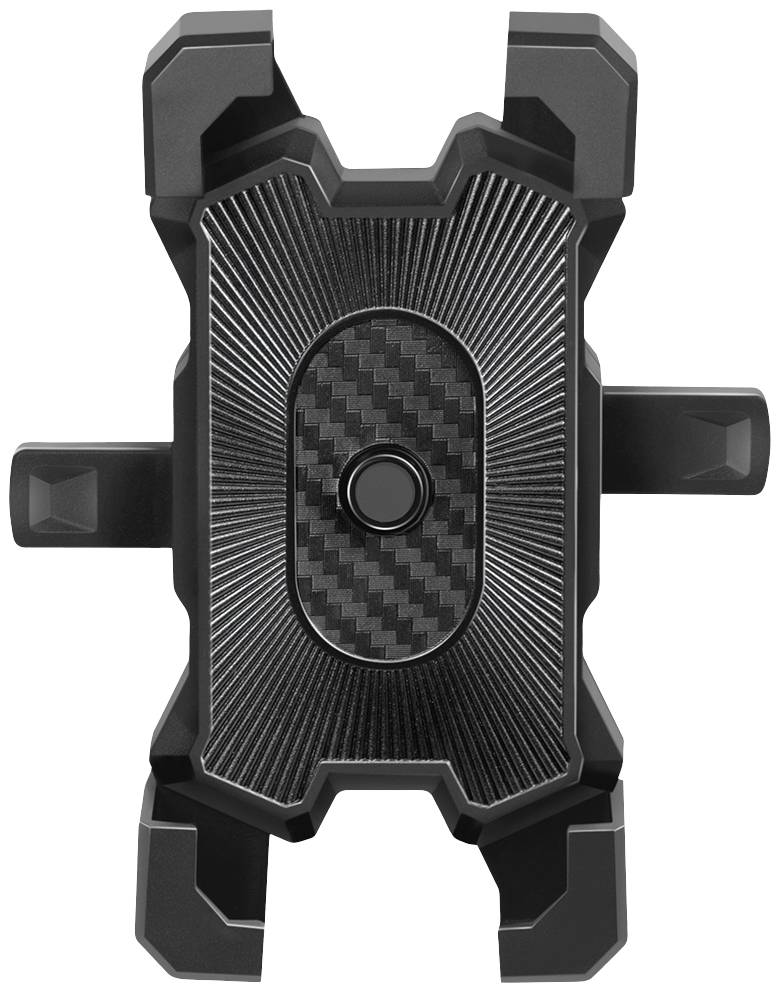 Černý, robustní držák na smartphone s karbonovou úpravou a nastavitelnými rameny, vhodný pro upevnění na motocykly nebo jízdní kola.