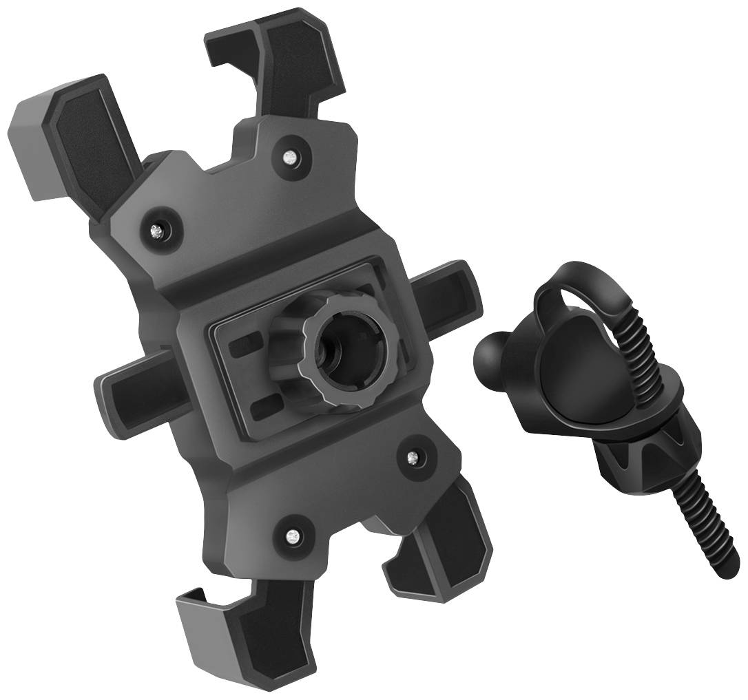 Černý, nastavitelný držák na mobilní telefon se šroubovacím mechanismem, vhodný pro upevnění na řídítka jízdního kola.