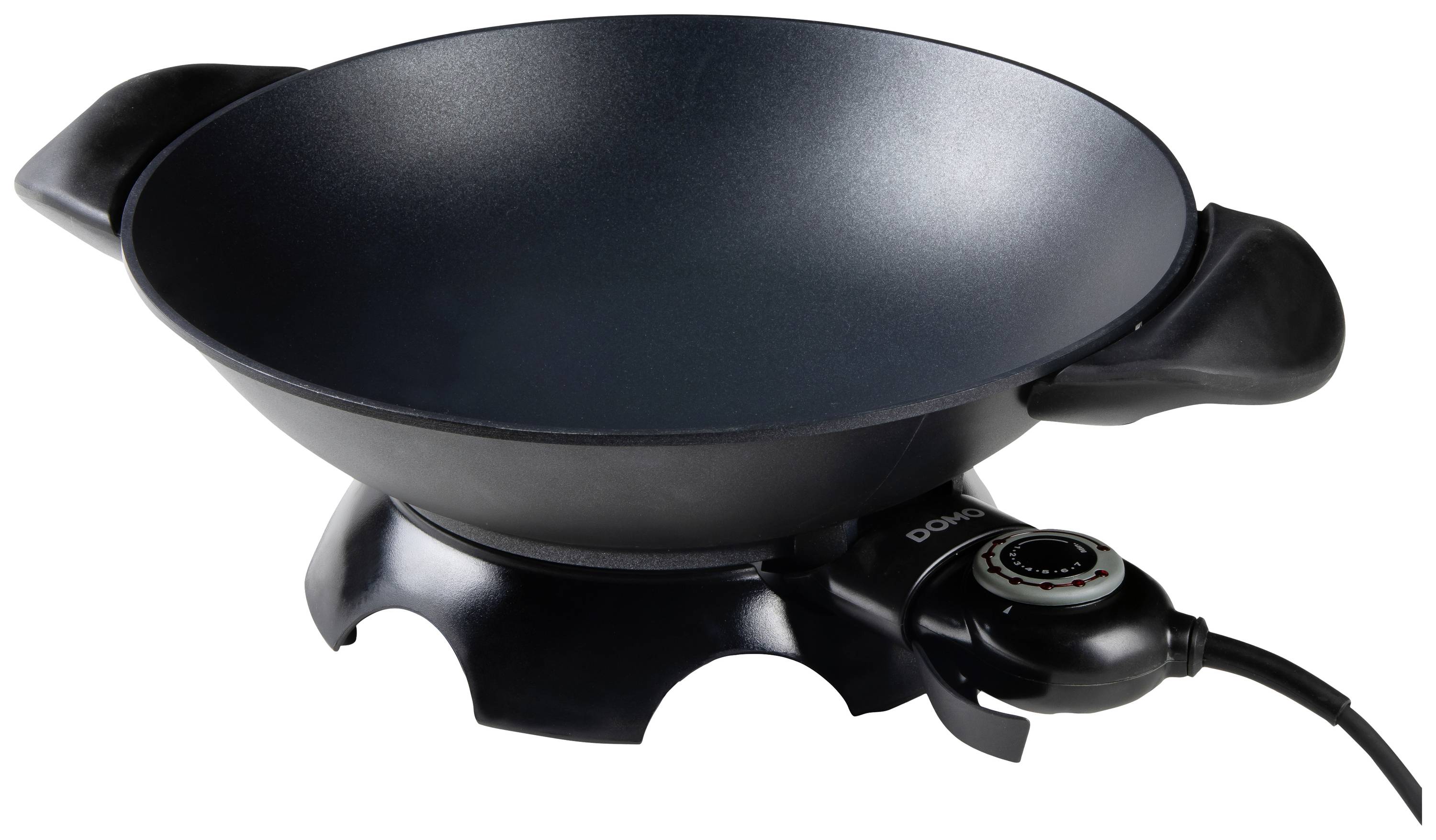 Elektrická wok pánev s regulací teploty, černý design. Ideální pro smažení a vaření, umístěná na stole.