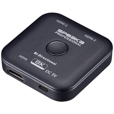 Černý HDMI rozdělovač, dva HDMI vstupy, jeden výstup. Nápis: 'Speaka Professional', podporuje 8K, napájení 5V.
