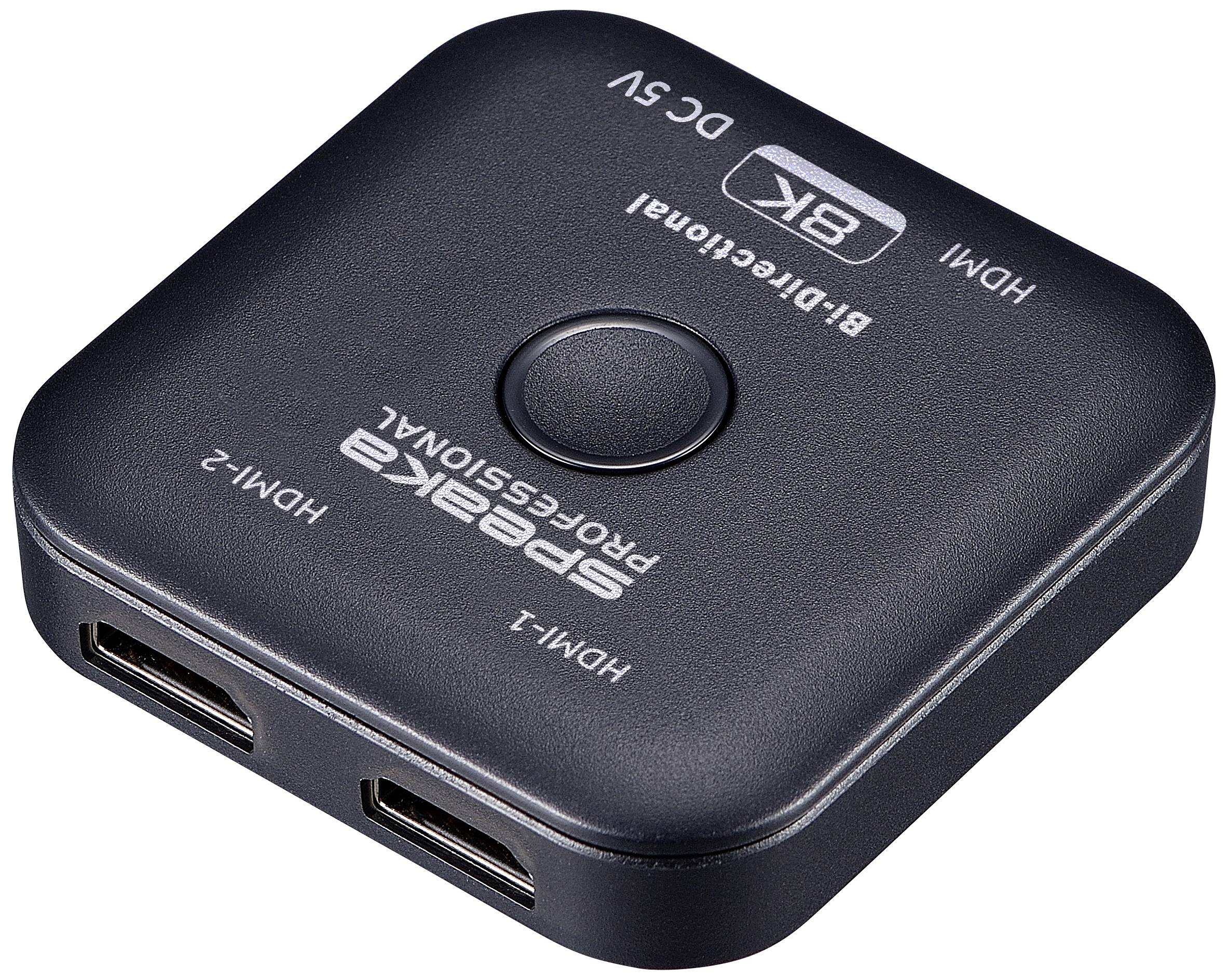 Černý HDMI rozbočovač se dvěma HDMI vstupy a dodatečným USB-C portem, kompaktní čtvercový design.