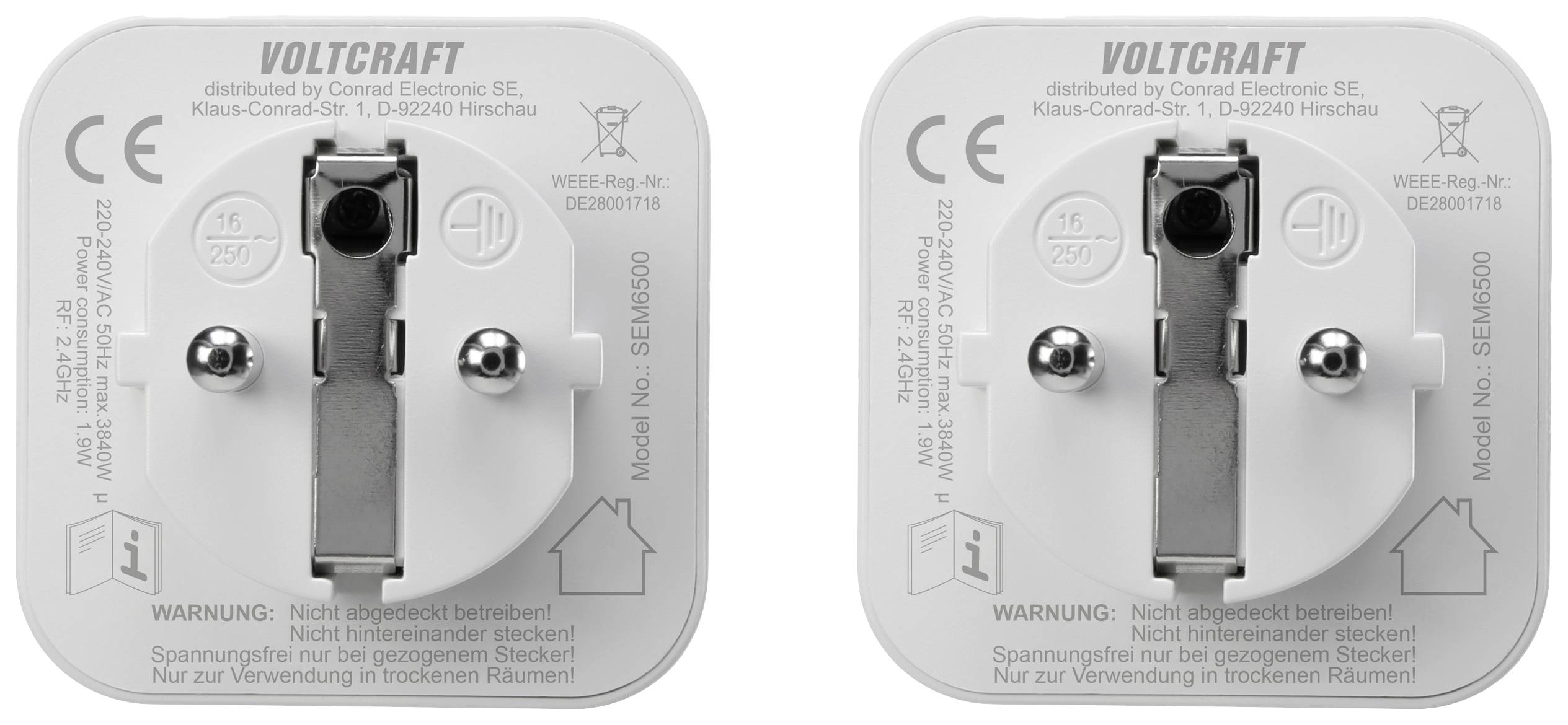 Dva bílé síťové adaptéry Voltcraft, pohled zezadu s připojovacími svorkami a výstražným upozorněním ohledně použití bez krytí.