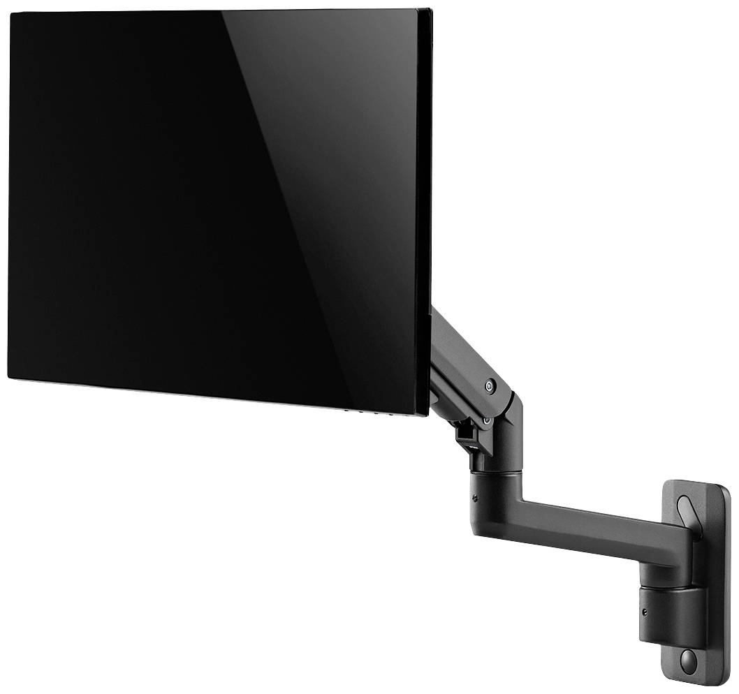 Černý monitor je upevněn na flexibilním, otočném nástěnném rameni, které umožňuje variabilní polohování.