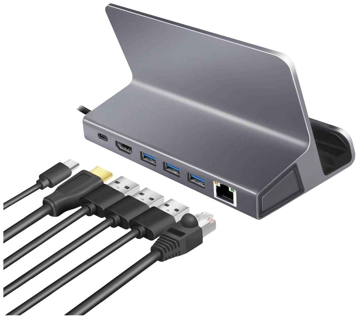 Kovová dokovací stanice s osmi porty: HDMI, Ethernet, dva USB-A, USB-C, VGA, audio port a napájení.