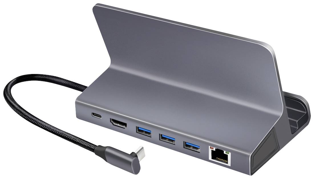 Šedočerná dokovací stanice pro laptop s USB, HDMI a ethernetovými porty. Obsahuje připojovací kabel USB-C.