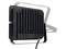 Obdélníkový černý LED reflektor s chladicími žebry na zadní straně a montážní základnou, s kabelem vedeným dolů.