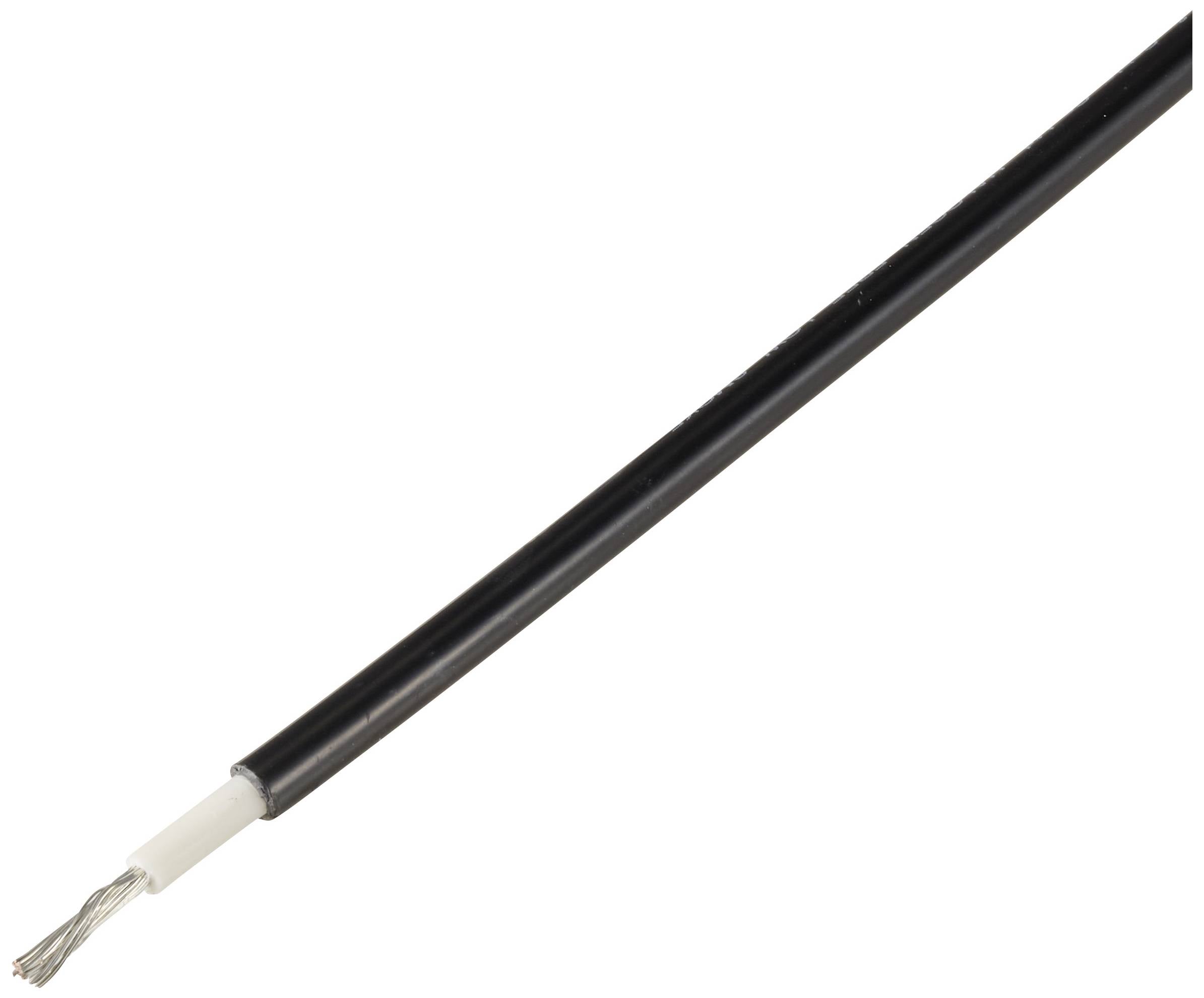 Černý izolovaný elektrický kabel s nezakrytým, vícevodičovým drátěným koncem na horním okraji.