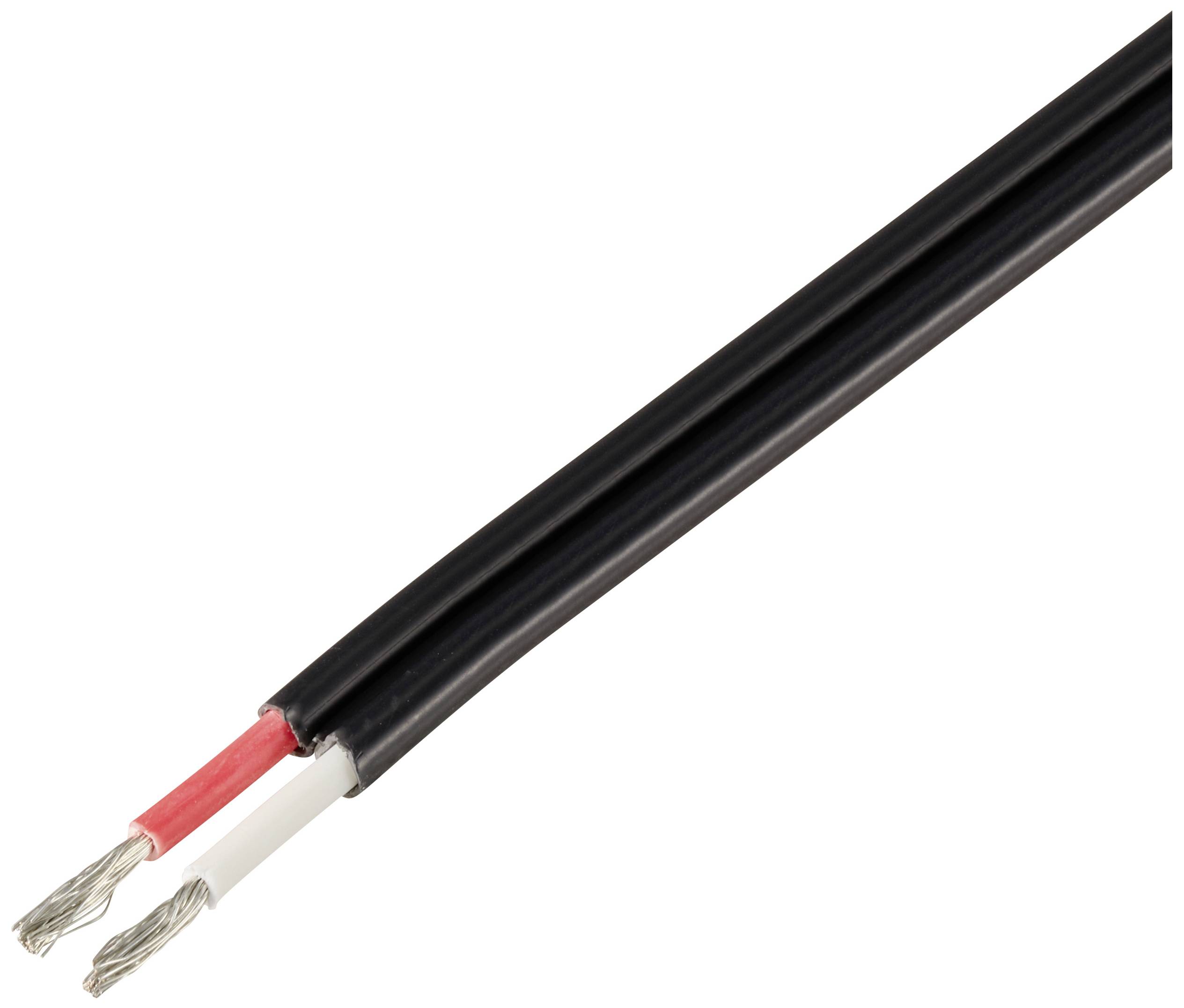 Dvoužilový elektrický kabel s červeným a bílým vodičem v černém plášti.