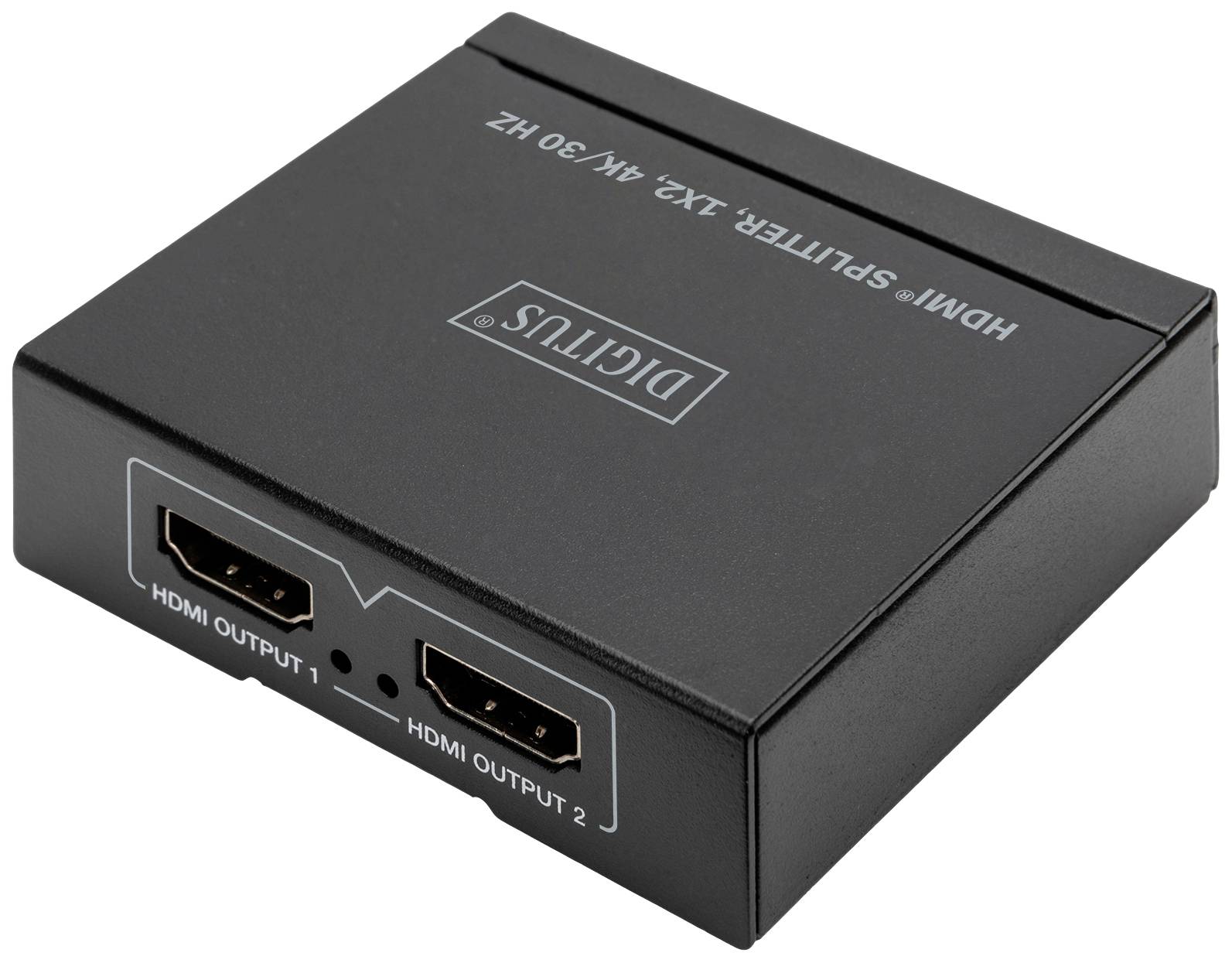 HDMI-rozbočovač v černé barvě se dvěma HDMI výstupy, označenými jako 'HDMI výstup 1' a 'HDMI výstup 2', s názvem značky nahoře.