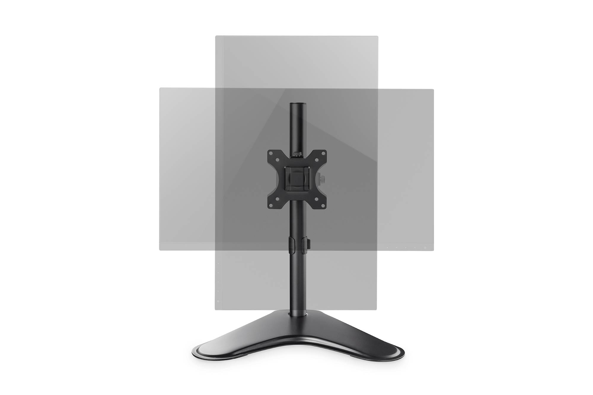 Otočný stojan na monitor s V-tvarovým podstavcem, který umožňuje flexibilní umístění a otáčení obrazovky pro ergonomické sledování.