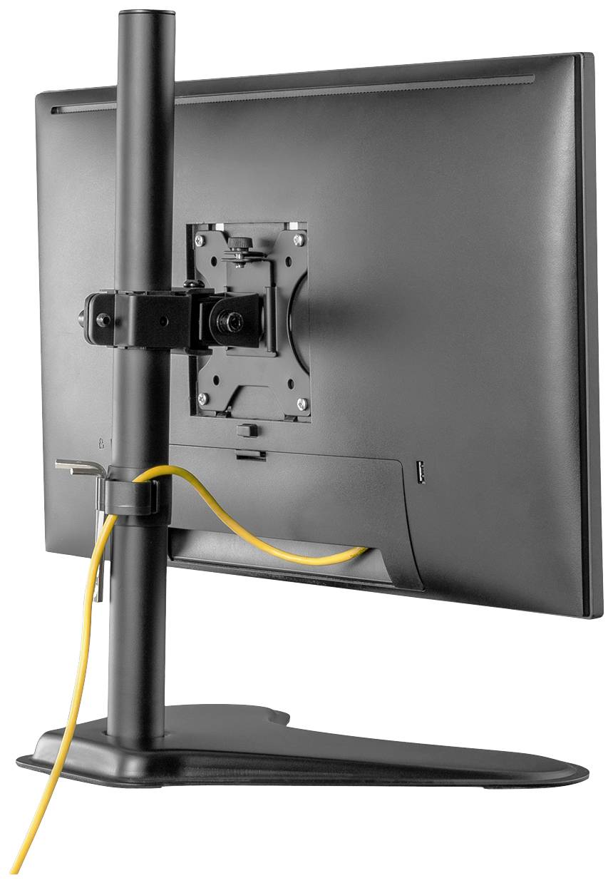Monitor na výškově nastavitelném stojanu, pohled zezadu. Žlutý kabel je obtočen kolem tyče.