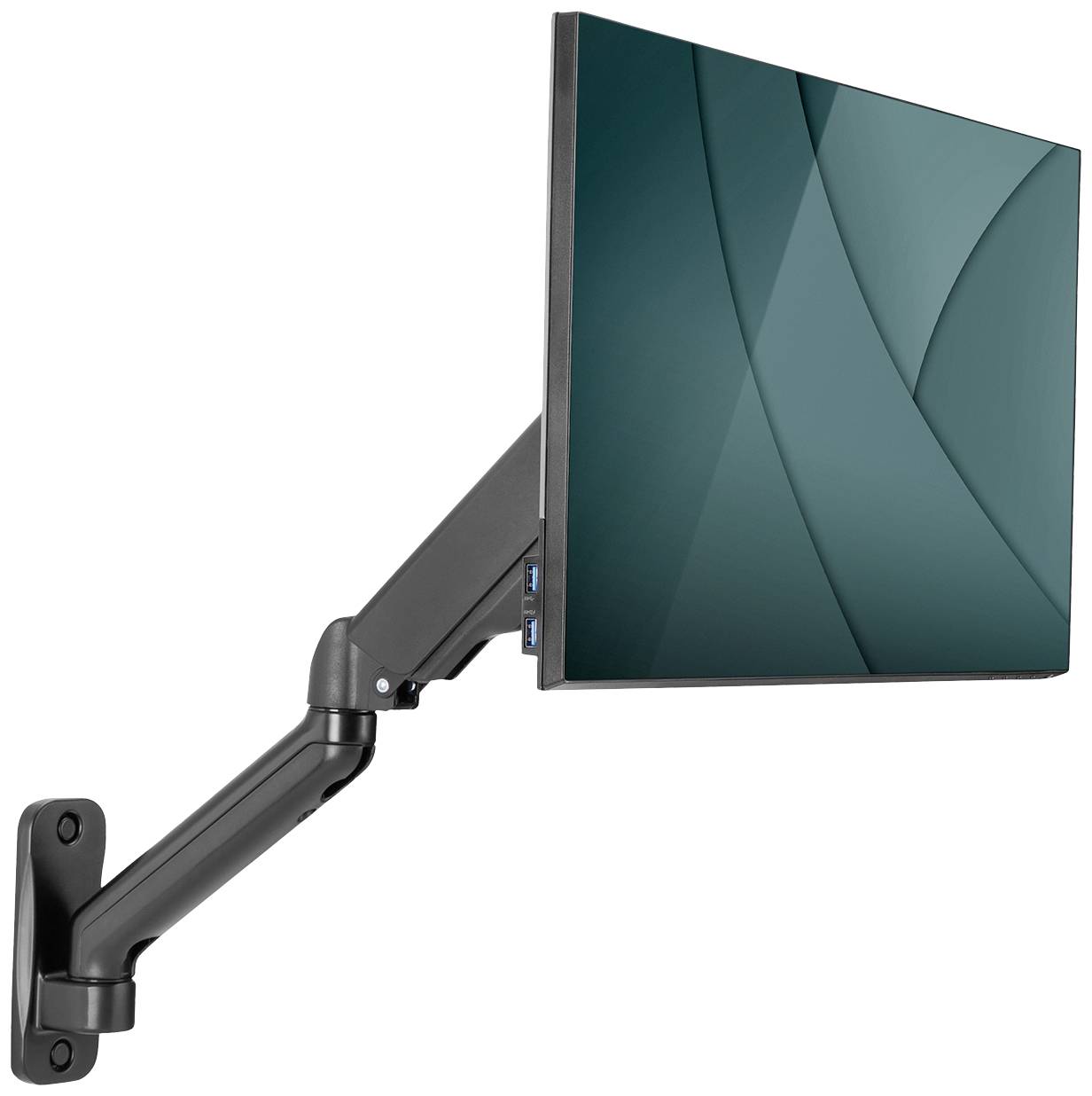Černý nástěnný monitor zavěšený na rameni drží monitor v moderním designu. Monitor zobrazuje abstraktní vzor v zelené barvě.
