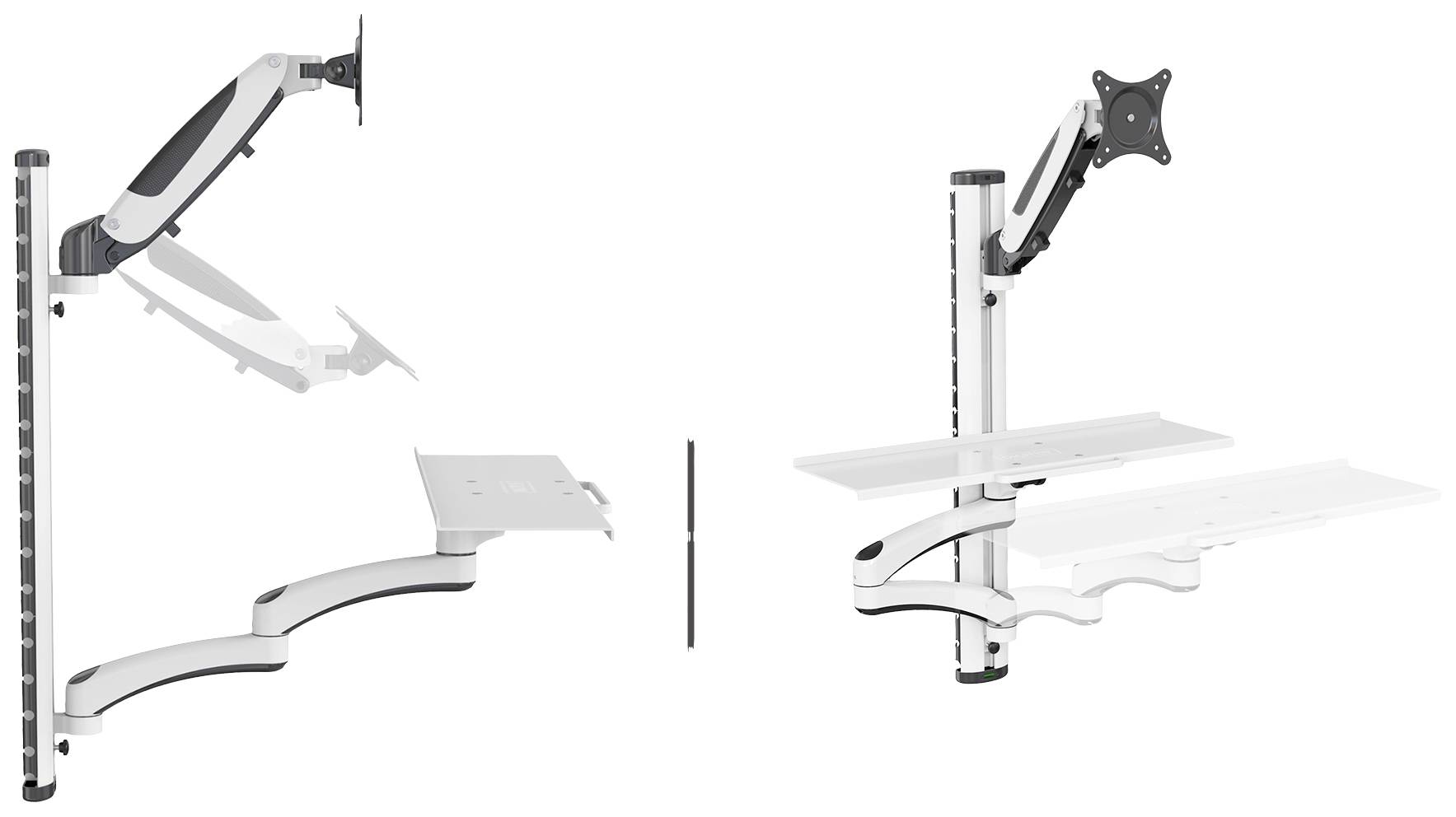 Nástěnný držák monitoru a klávesnice s nastavitelnou výškou a náklonem. Vhodný pro ergonomická pracoviště.