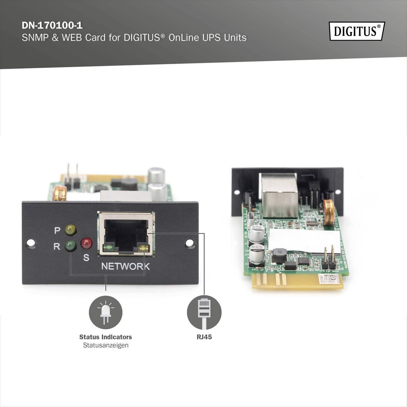 Síťová karta Digitus SNMP & WEB pro online UPS jednotky, s RJ45 konektorem a stavovými indikátory pro síťový monitoring.