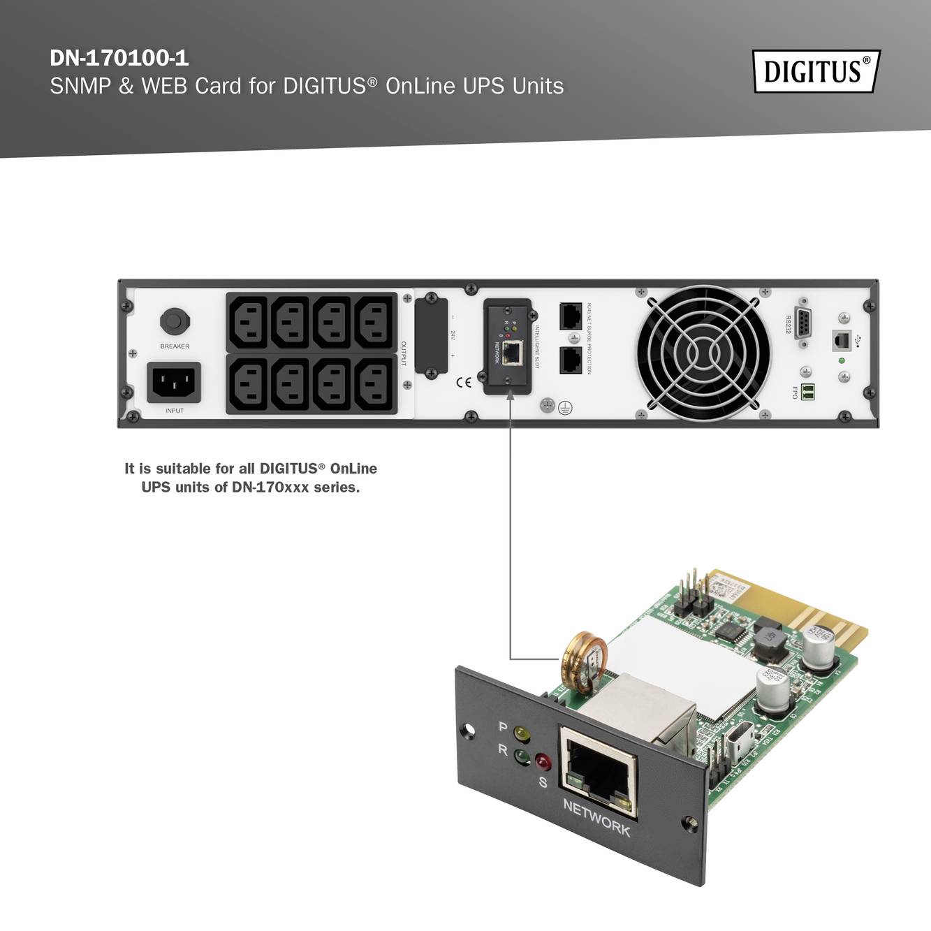 Pohled zezadu na kartu UPS s několika konektory a ventilátorem; je kompatibilní se všemi online UPS zařízeními DIGITUS série DN-170xx.