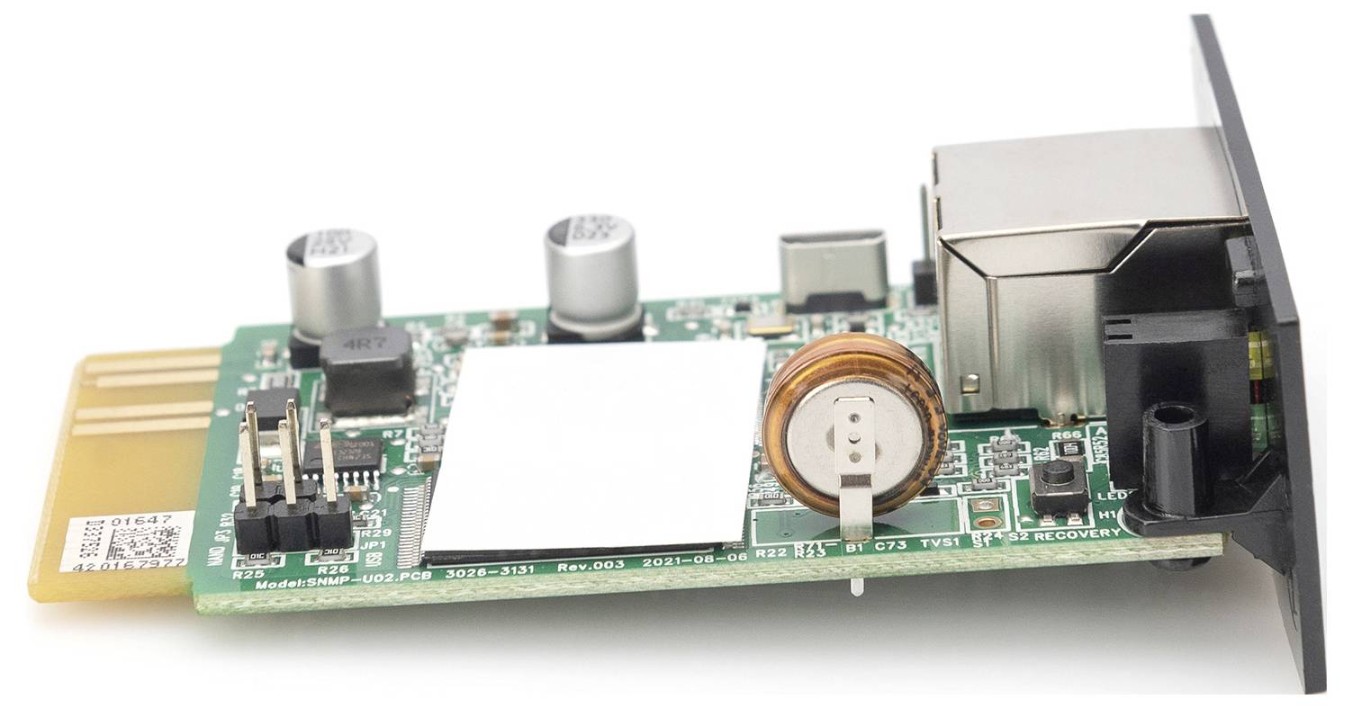 Síťová karta s deskou plošných spojů a elektronickými komponenty, včetně konektorů a ethernetového portu, zobrazená z boku.