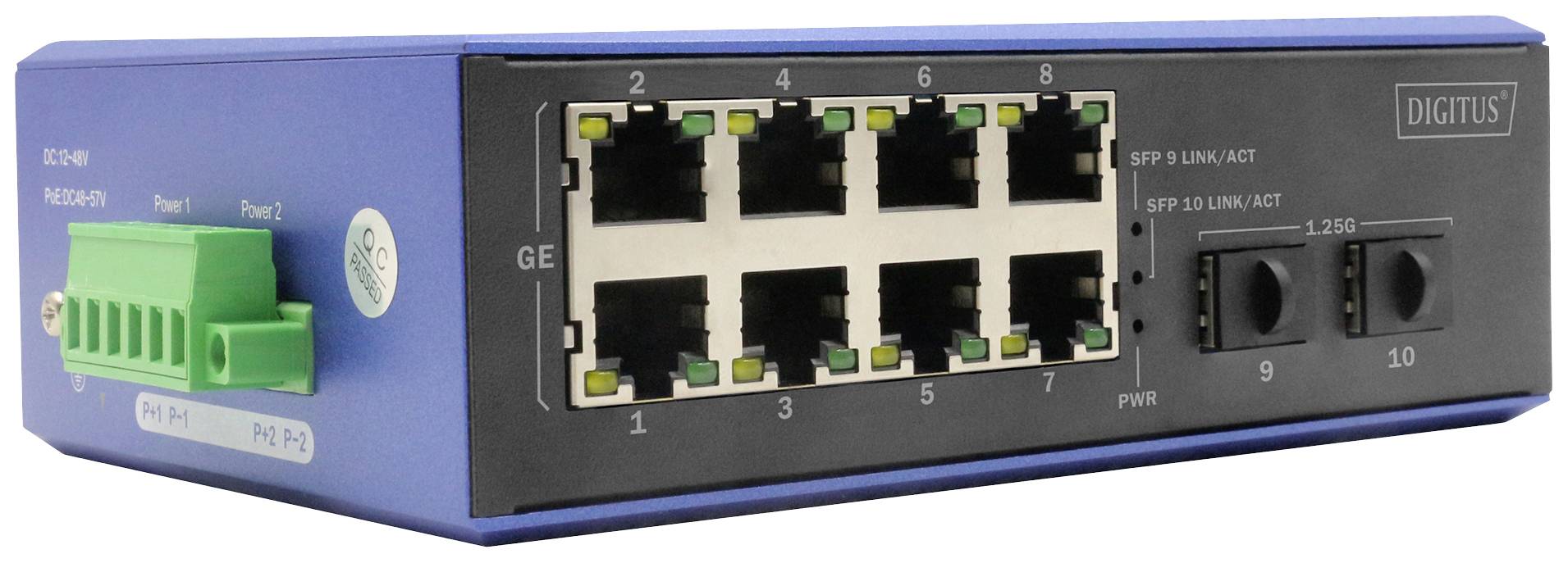 Průmyslový síťový switch s 8 ethernetovými porty a 2 SFP sloty, vhodný pro přenos dat v náročných prostředích.