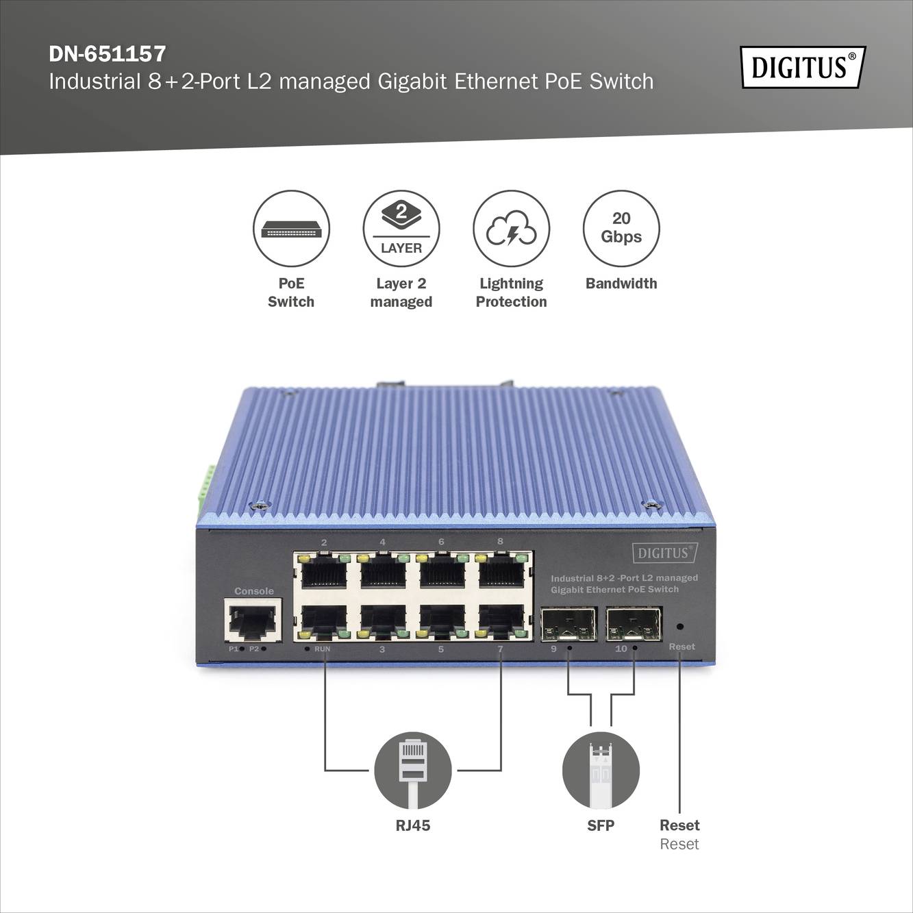 Průmyslový 8+2-portový řízený gigabitový ethernetový PoE switch značky Digitus, model DN-651157, s PoE, porty RJ45 a SFP.