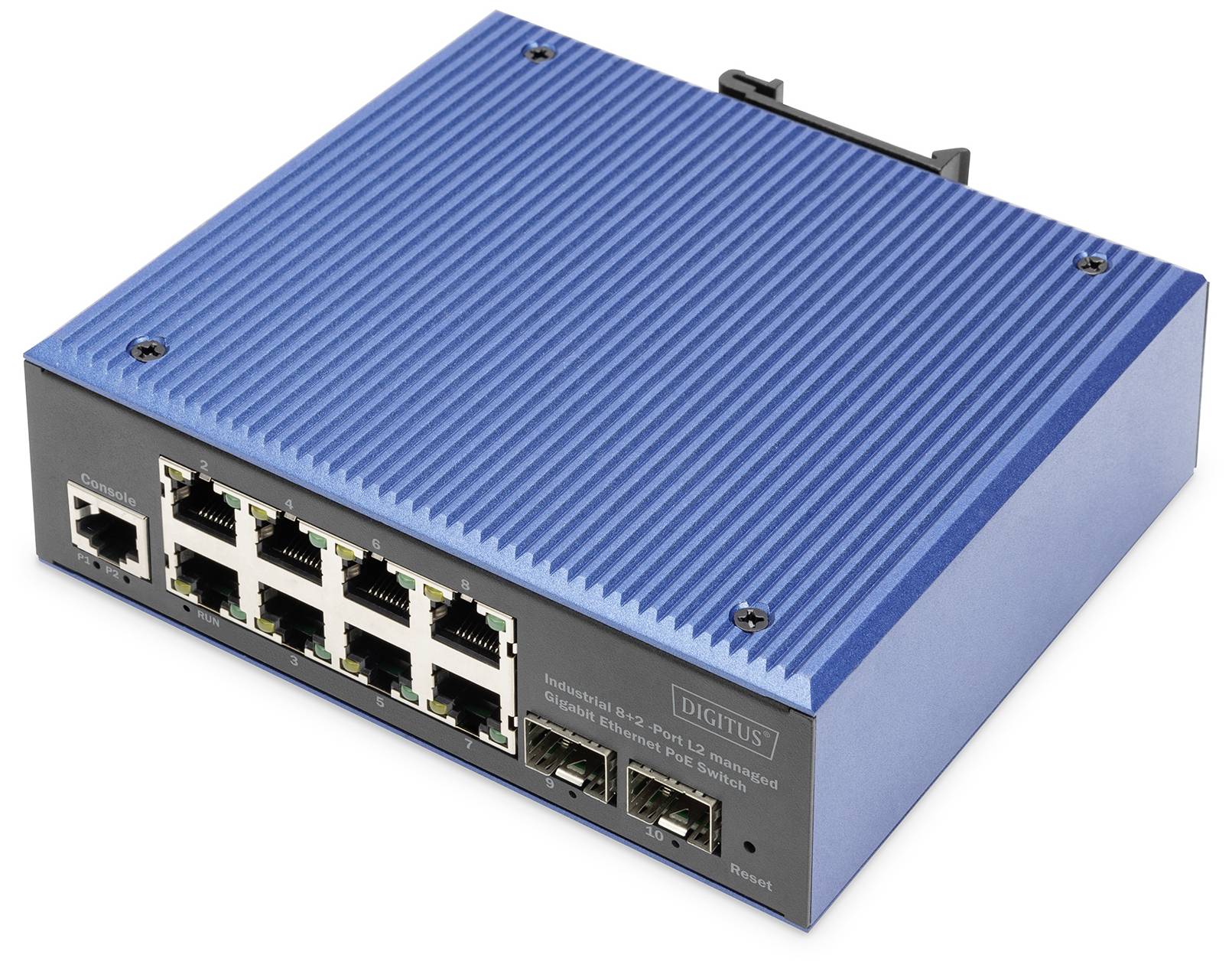 Kompaktní, modrý síťový switch s několika ethernetovými porty. Vhodný pro průmyslové aplikace s robustním tělesem.