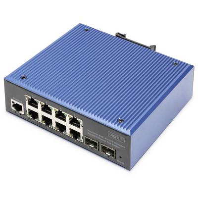 Kompaktní, modrý síťový switch s několika ethernetovými porty. Vhodný pro průmyslové aplikace s robustním tělesem.