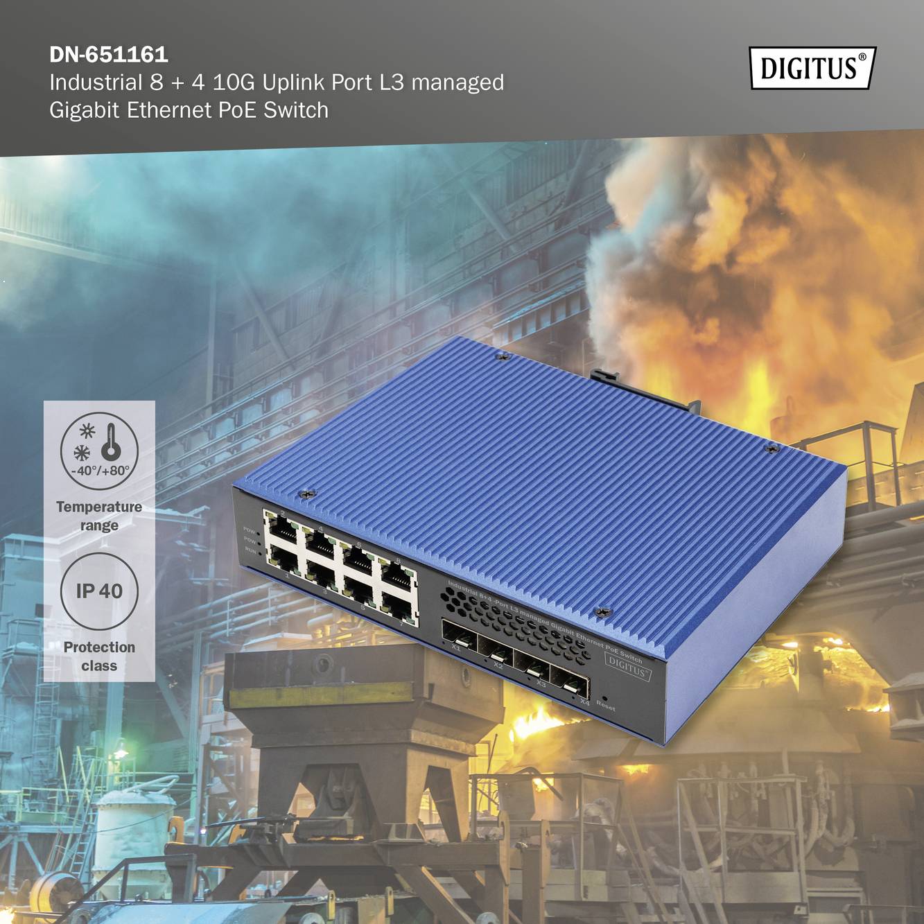 Modrý ethernetový switch s přípojkami na průmyslovém pozemku. Text nahoře popisuje 'DN-651161' se specifikacemi.