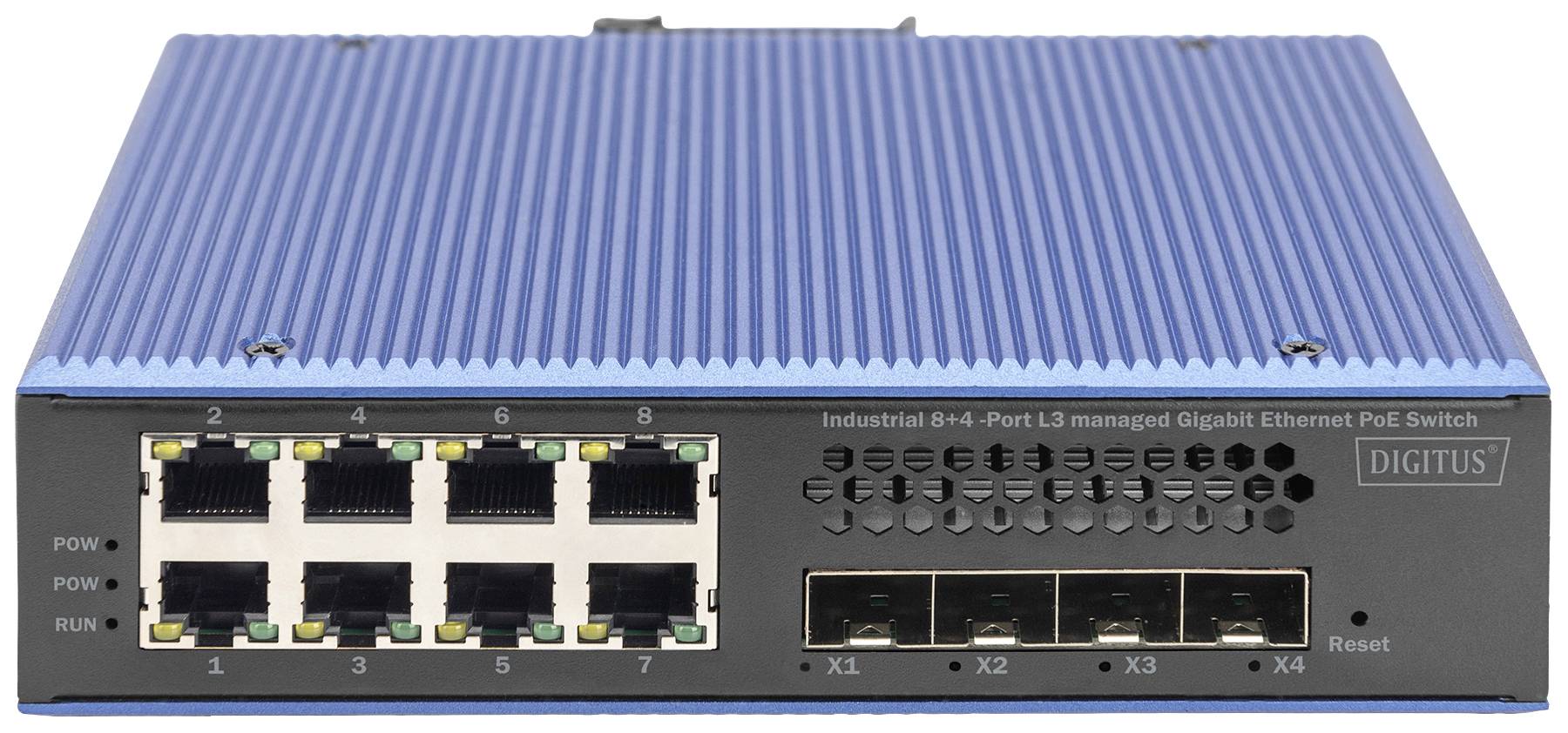 Průmyslový 8+4-portový L3 spravovaný gigabitový ethernetový PoE switch s modrým povrchem a možnostmi připojení pro sítě.