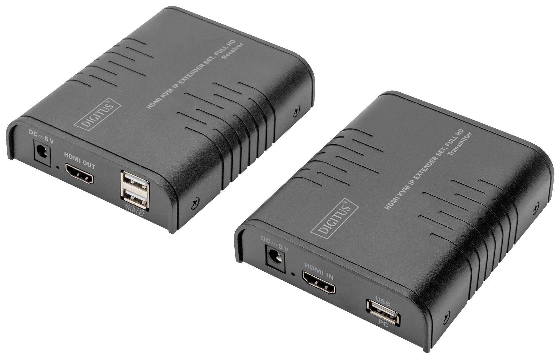 Dva černé HDMI extendery s USB portem a napájecím konektorem, určené pro přenos HDMI signálu na delší vzdálenosti.