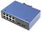 Průmyslový PoE switch v modrém pouzdře s osmi ethernetovými porty a čtyřmi optickými vláknovými porty, vhodný pro robustní síťová připojení.