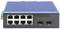 Průmyslový 8+2-portový Fast Ethernet PoE switch, modré šasi, pohled zepředu s 10 ethernetovými porty a LED indikátory.