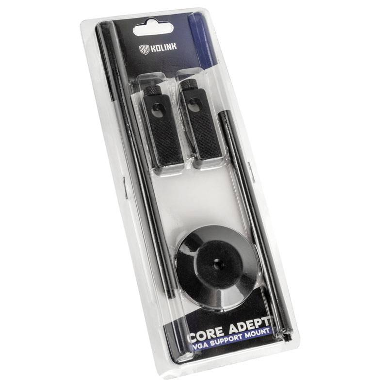 Balení podpory grafické karty 'Core Adept VGA Support Mount' od společnosti Kolink. Obsahuje tyče, konzole a základnu pro stabilizaci grafických karet.