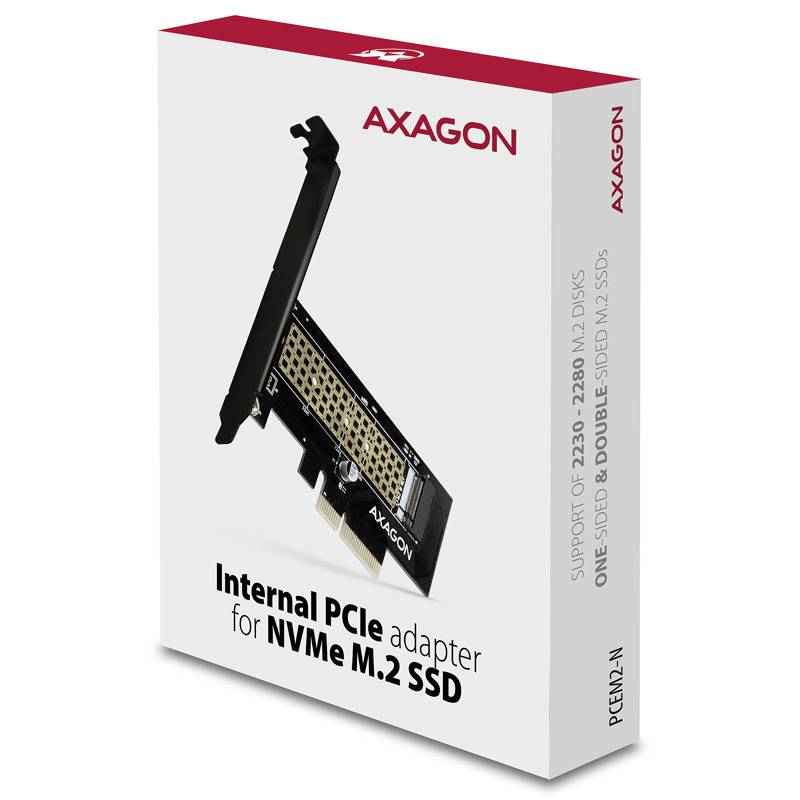 Balení Axagon PCIe adaptéru pro NVMe M.2 SSD disky, který podporuje M.2 disky velikostí 2230 až 2280. Obsahuje obrázek adaptéru.
