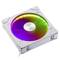 Bílý počítačový ventilátor s barevnými LED světly, které svítí v duhových barvách.