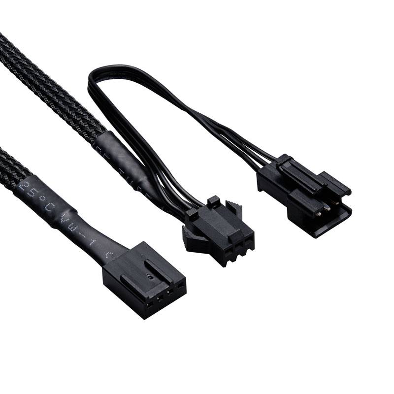 Třívodičový kabel s černým pláštěm: 4-pinový konektor, 5-pinový konektor a 6-pinový konektor pro počítačový hardware.