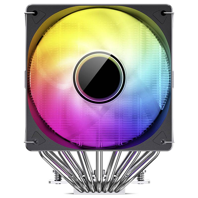 LED CPU ventilátor, který svítí v různých barvách, ukazuje moderní design s stříbrnými chladicími žebry a třpytivými efekty.