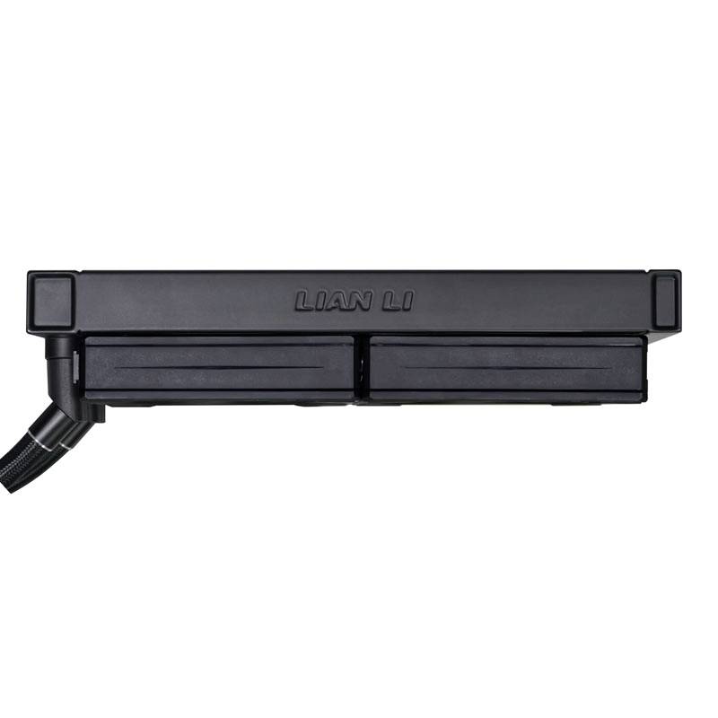 Černý, obdélníkový počítačový doplněk od společnosti Lian Li, pohled shora. Na levé straně má přípojky pro kabely.