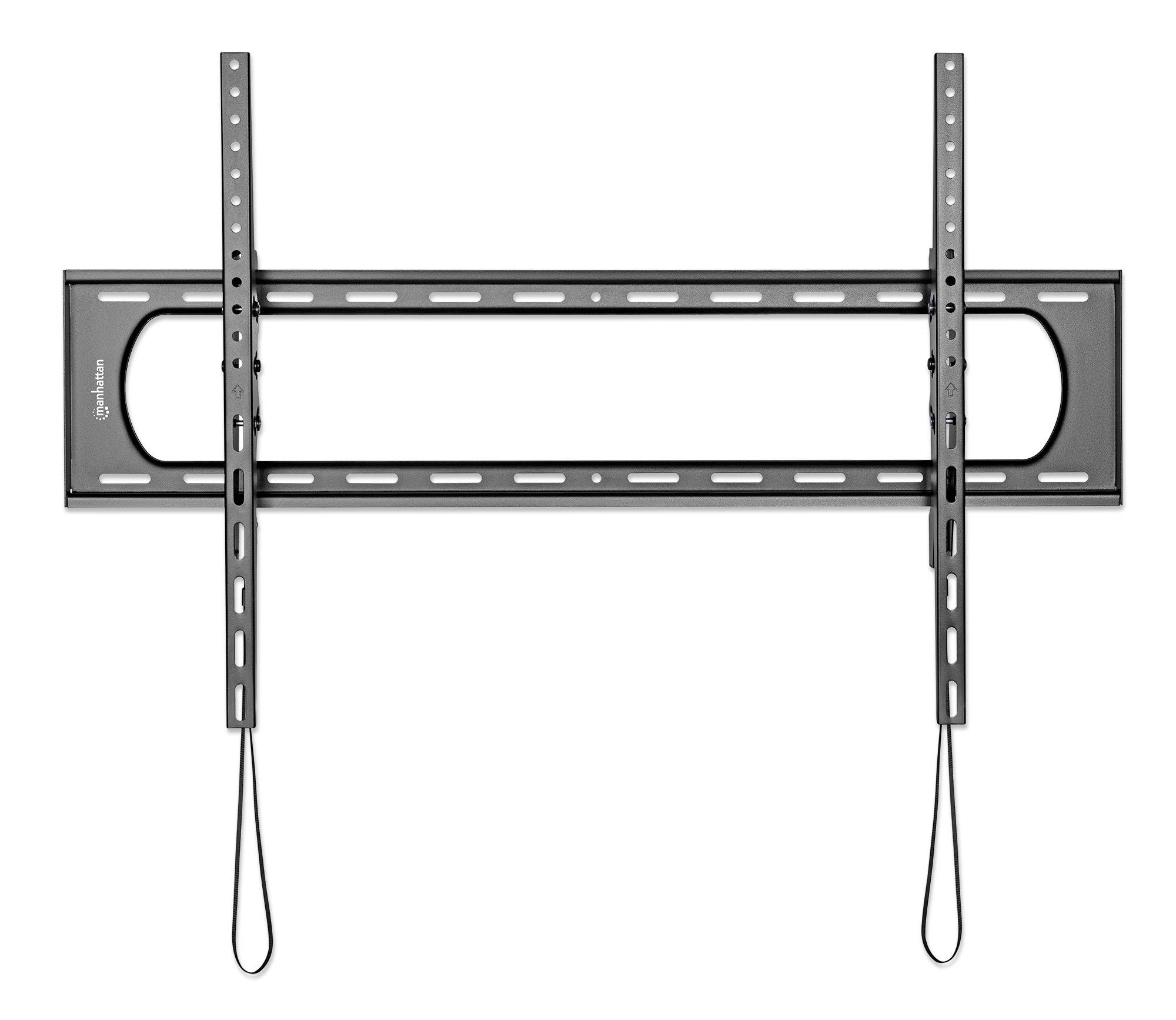 Černý plochý nástěnný držák na TV s vertikálními a horizontálními lištami a dvěma kabely dole je zobrazen na bílém pozadí.