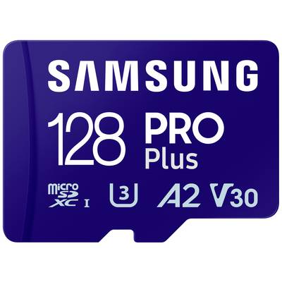 Modrá karta Samsung 128 GB PRO Plus MicroSD s klasifikací U3, A2, V30, vhodná pro rychlý přenos dat a nahrávání.