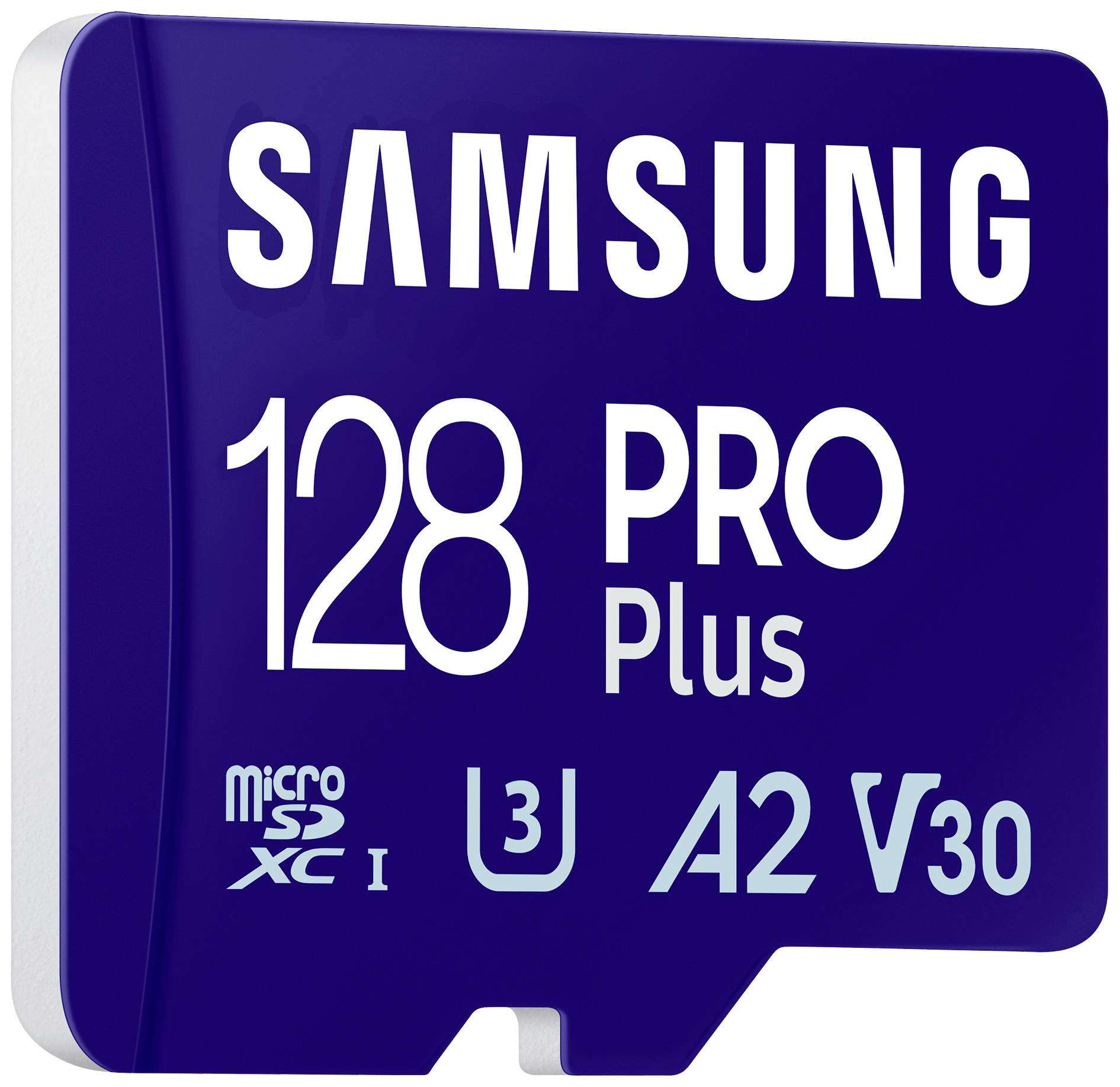 'Samsung 128 PRO Plus' microSD karta, modrá, s symboly U3, A2, V30. Vhodná pro rychlý přenos dat a vysoký výkon.