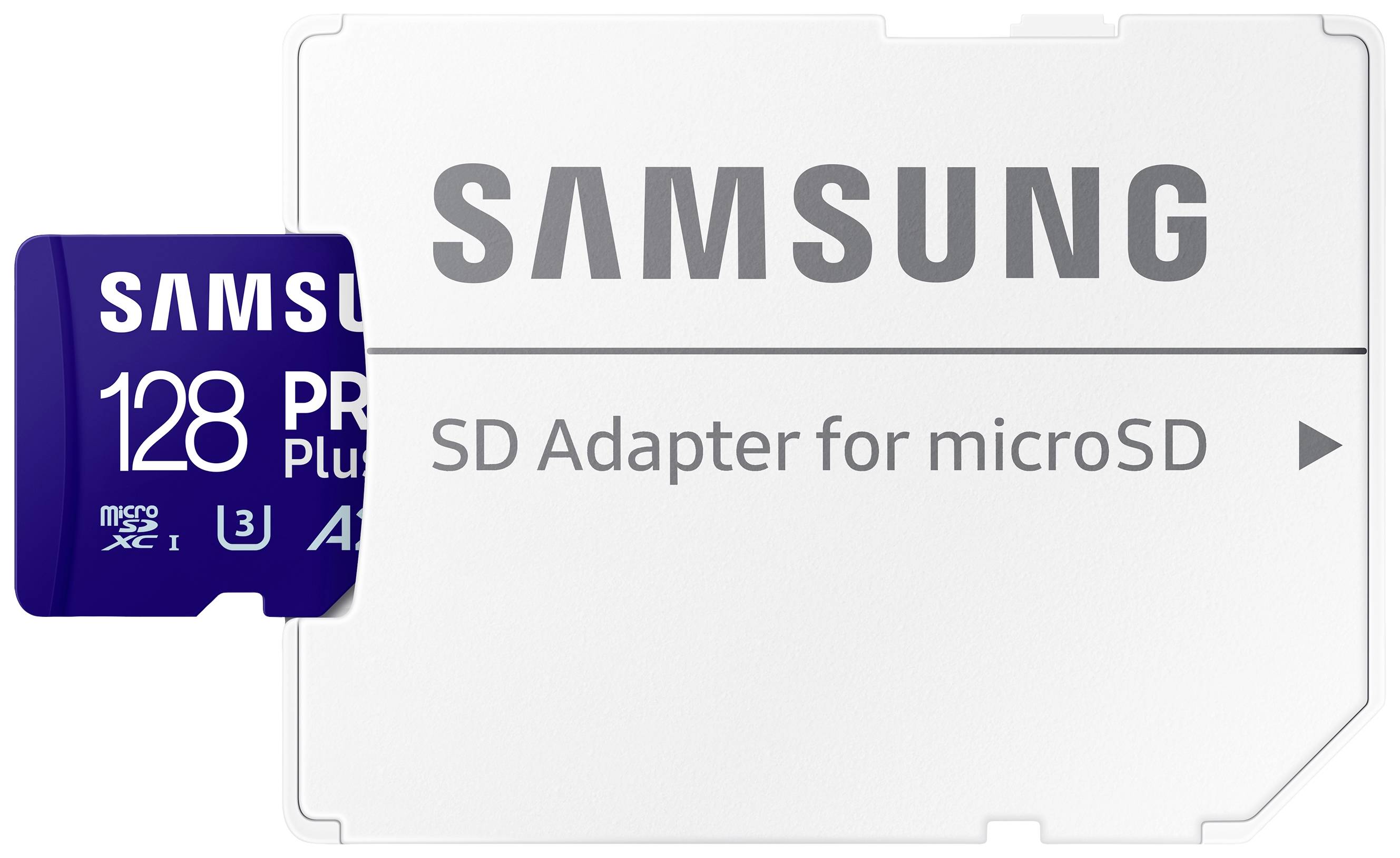 Modrá 128GB Samsung microSD karta částečně zasazená v bílém SD adaptéru pro microSD karty, obě s logem značky.