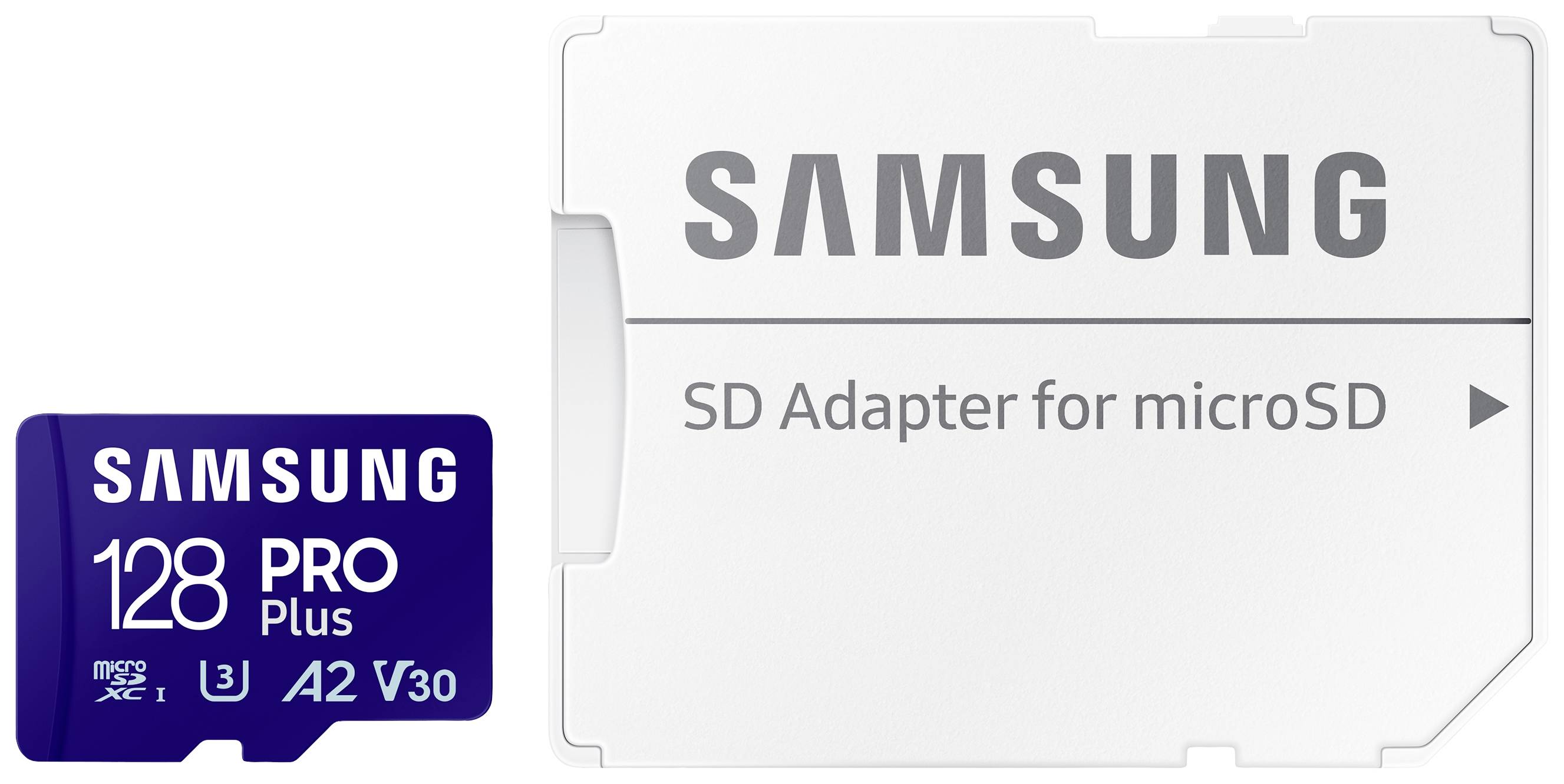 Karta Samsung microSD a adaptér. Vlevo: 128GB microSD karta, U3 A2 V30. Vpravo: Bílý SD adaptér pro microSD.