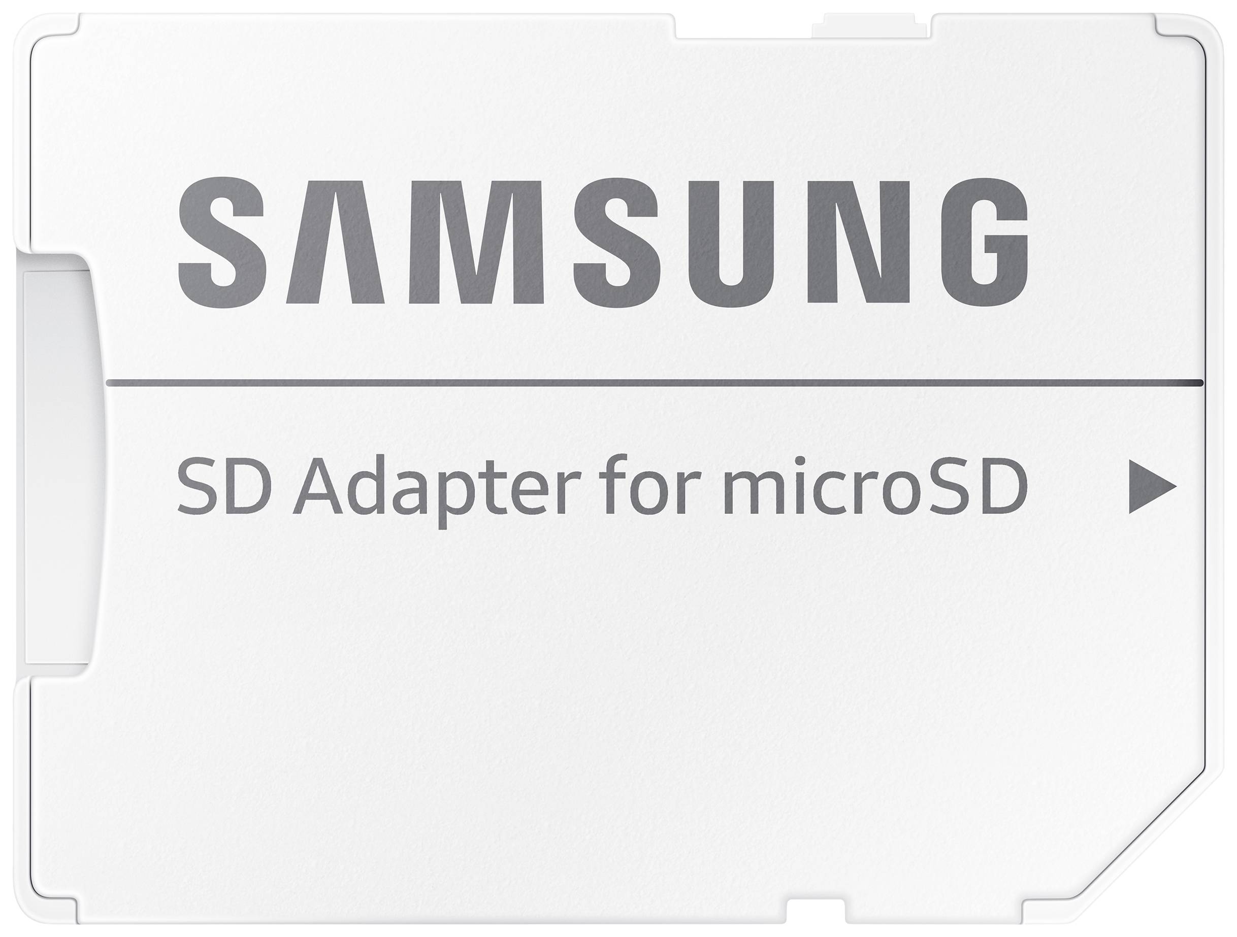 Adaptér Samsung pro microSD kartu, bílý design s černým potiskem, obdélníkový tvar, podporuje přenos dat.