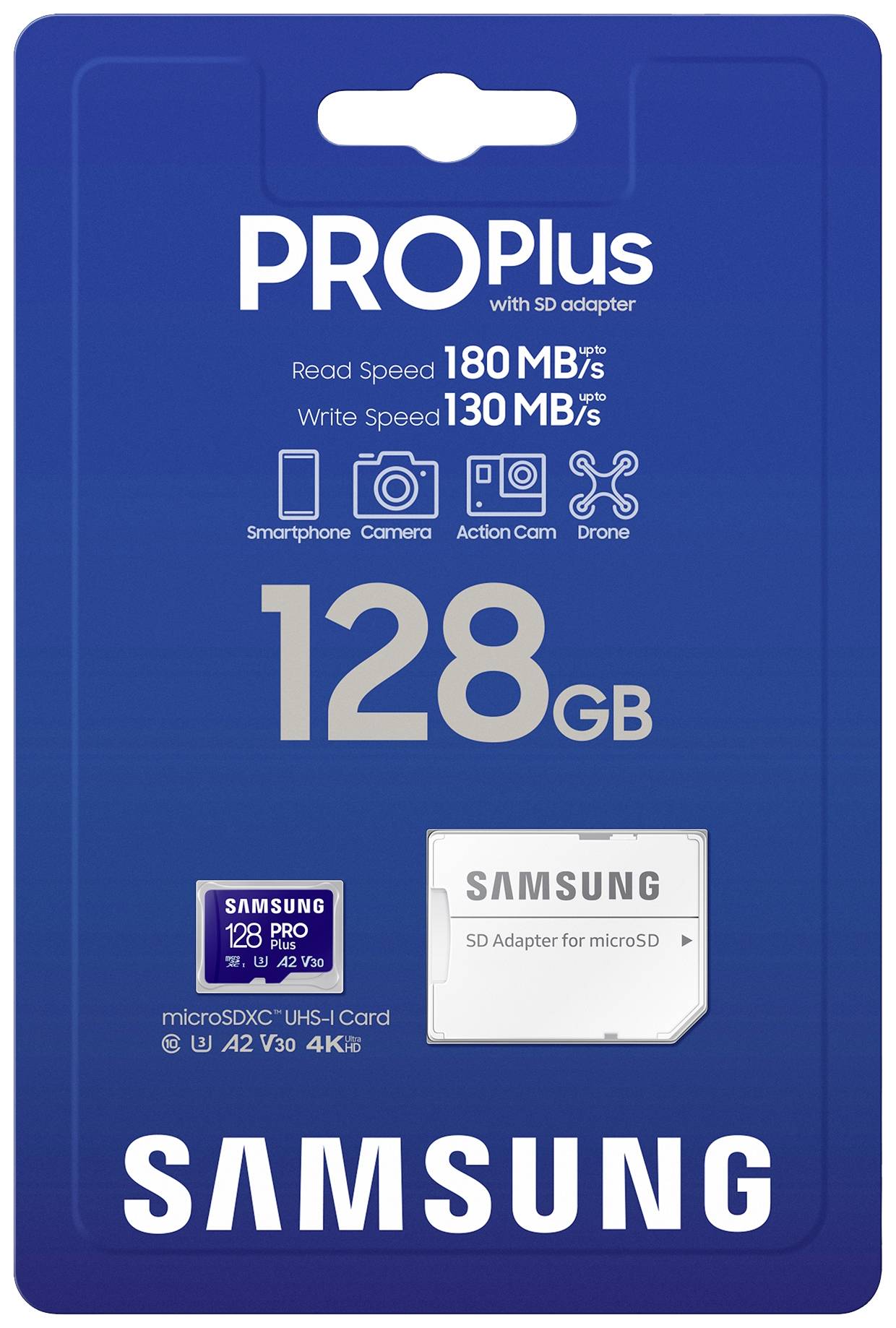 Samsung PRO Plus 128GB microSD karta s SD adaptérem; rychlost čtení 180 MB/s, rychlost zápisu 130 MB/s; vhodná pro zařízení jako smartphone, fotoaparát, dron.