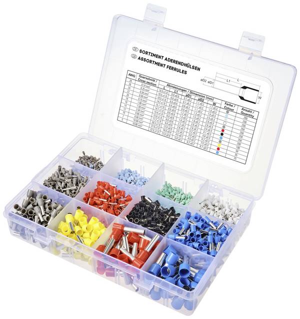 TRU COMPONENTS TC-11991828 sada dutinek 0.14 mm², 0.25 mm², 0.34 mm², 0.5 mm², 0.75 mm², 1 mm², 1.5 mm², 2.5 mm², 4 mm², 6 mm², 10. mm², 16 mm² částečná izolace šedá, zářivá modrá , tyrkysová, bílá, červená, černá, modrá, žlutá 2110 ks
