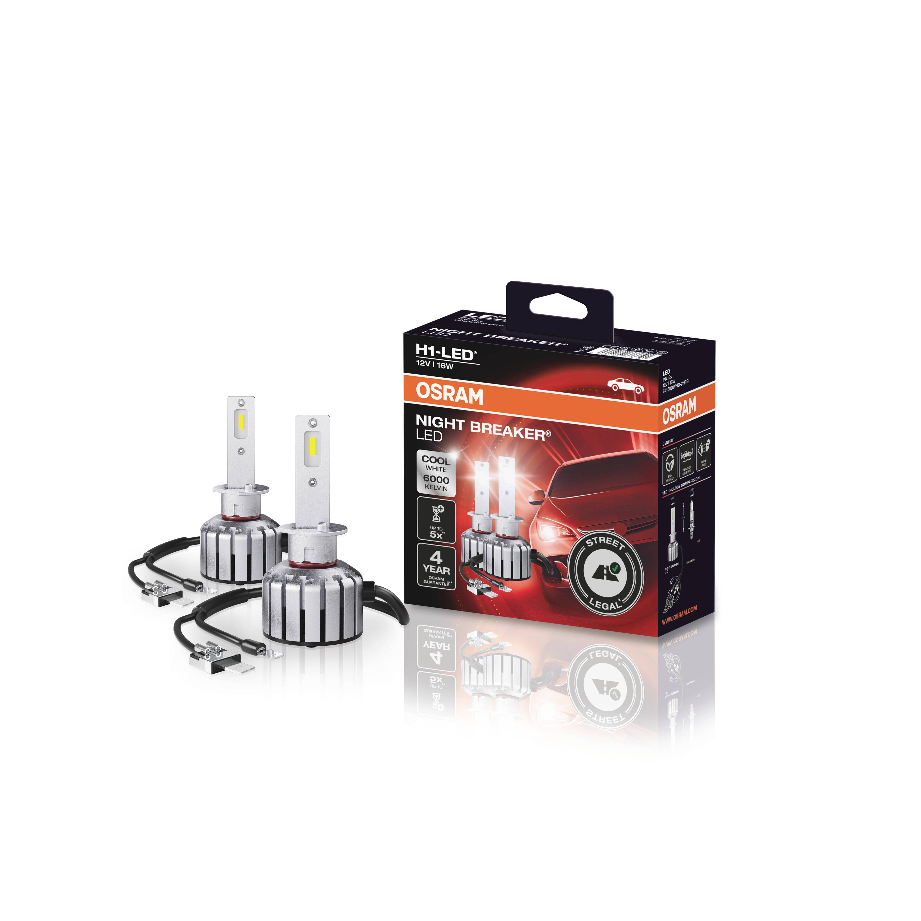 Dvě LED žárovky v obalu OSRAM. Na obalu je nápis 'Night Breaker LED'. Vhodné pro automobilové světlomety.