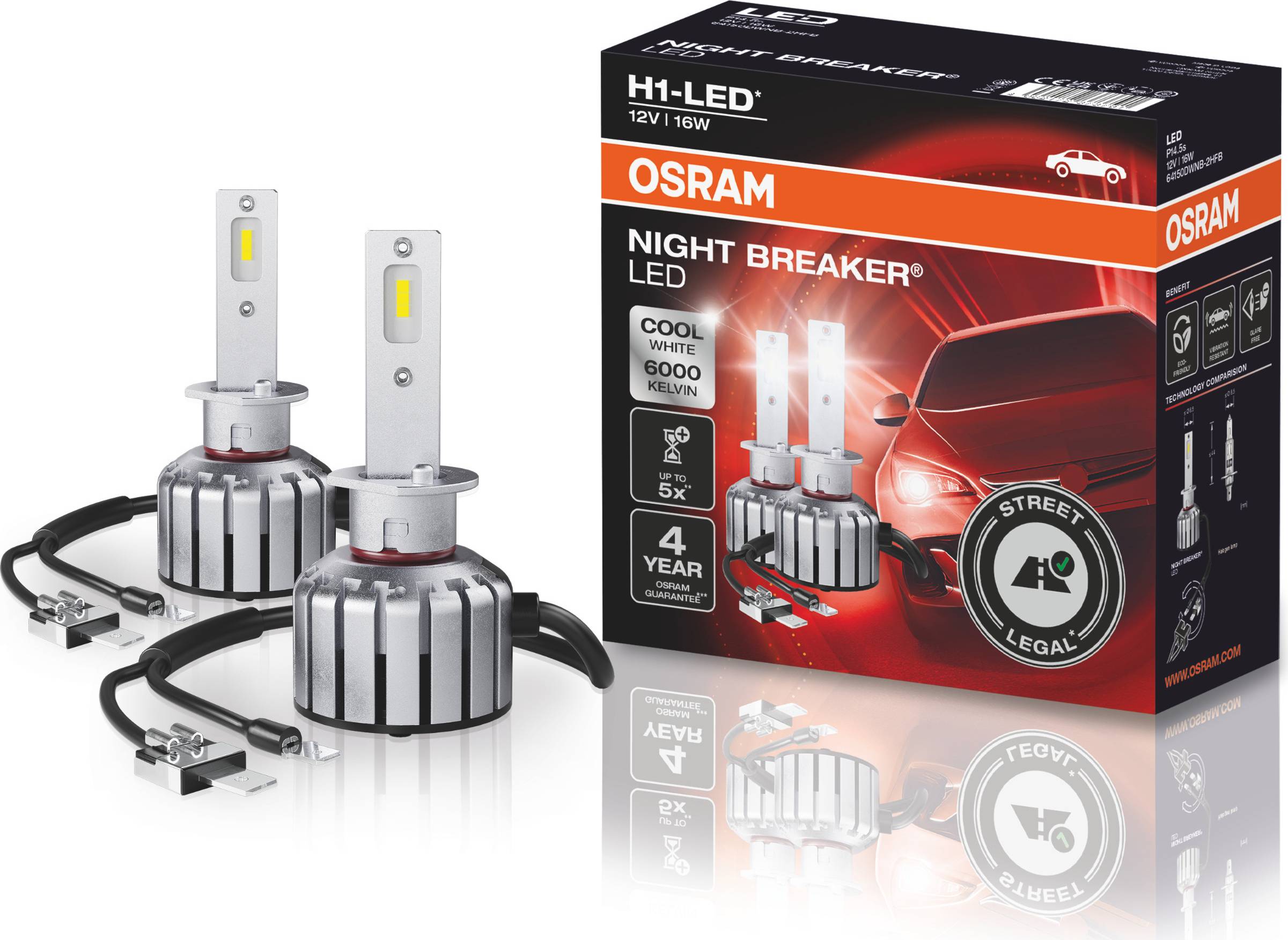 Obal lampy 'OSRAM NIGHT BREAKER LED' se dvěma LED diodami. Zvýrazněné vlastnosti: 6000 Kelvinů, 4letá záruka, schváleno pro provoz na pozemních komunikacích.