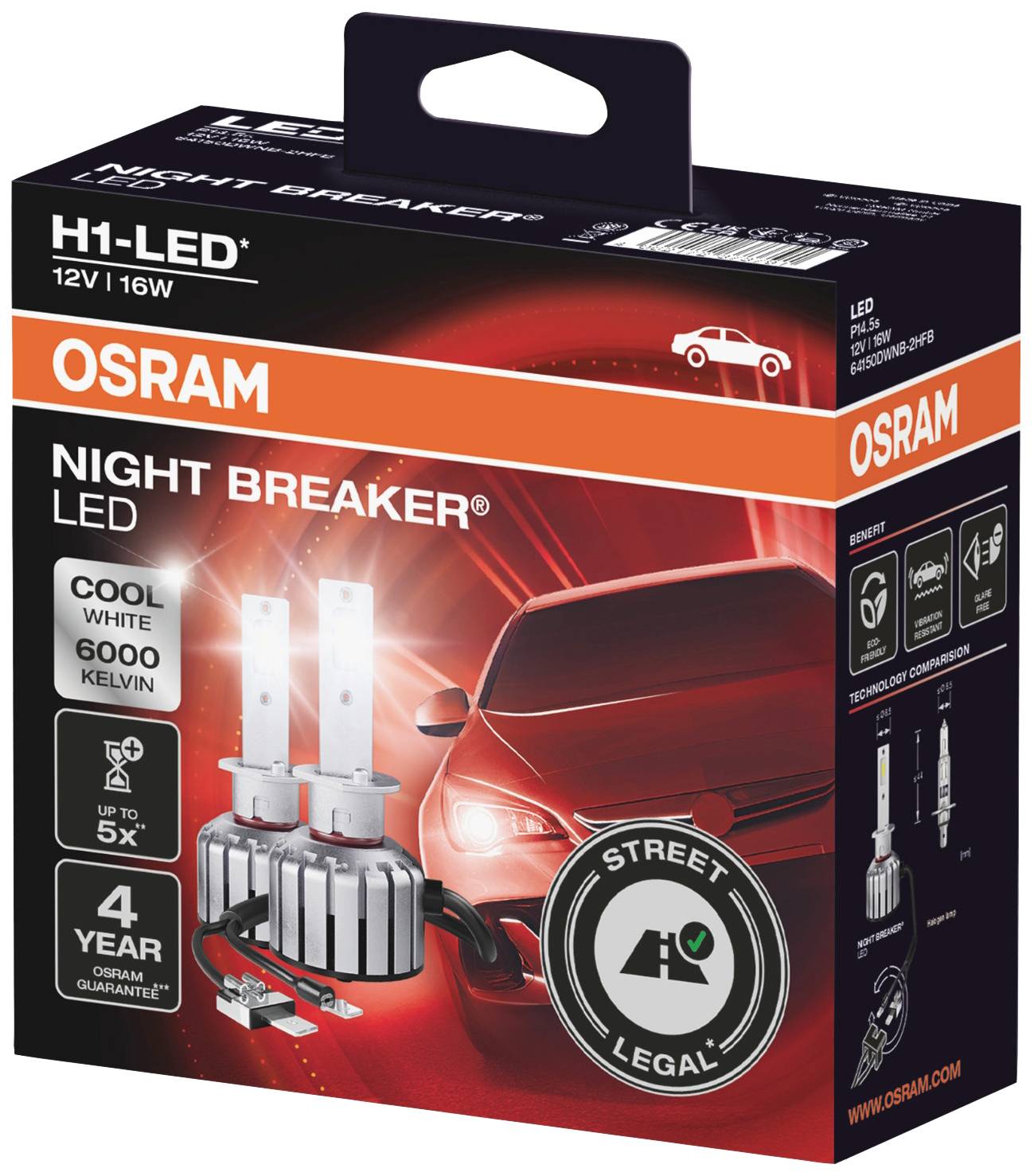 Produktová verze LED žárovek OSRAM Night Breaker H1, 12V/16W, zobrazuje červené auto se dvěma LED žárovkami, zvýrazněné nápisem 'Street Legal'.