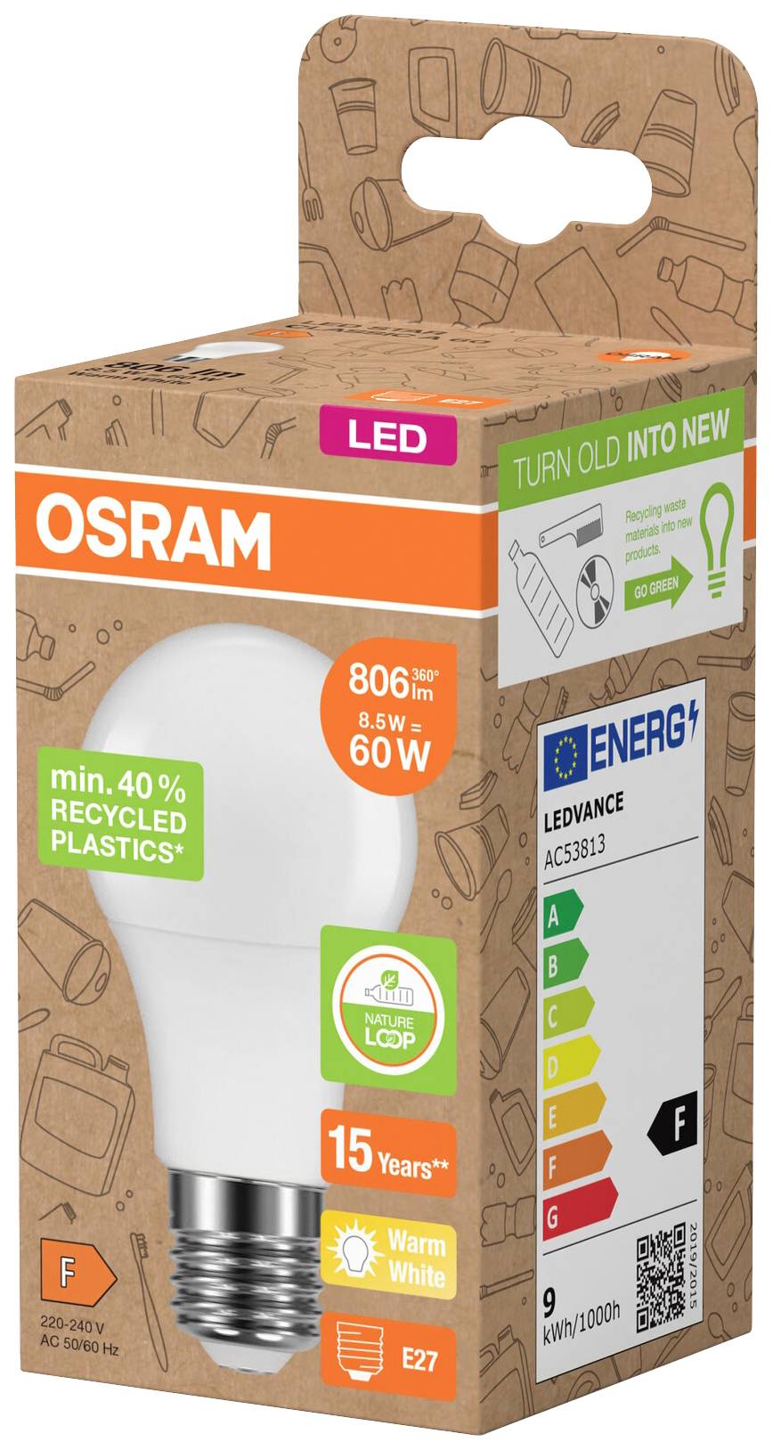 LED žárovka OSRAM o výkonu 806 lumenů, 8,5 W (ekvivalent 60 W). Třída energetické účinnosti F, teplá bílá, patice E27, balená udržitelným způsobem.