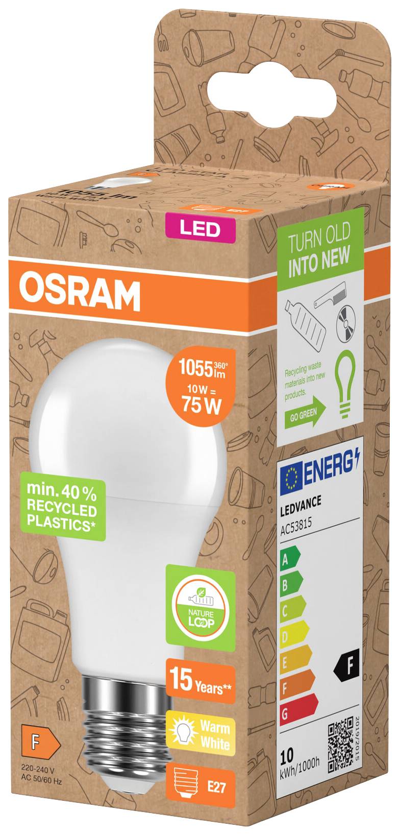 LED žárovka Osram v obalu. 10W nahrazuje 75W, patice E27, teplé bílé světlo, životnost 15 let, vyrobeno z 40% recyklovaného plastu.