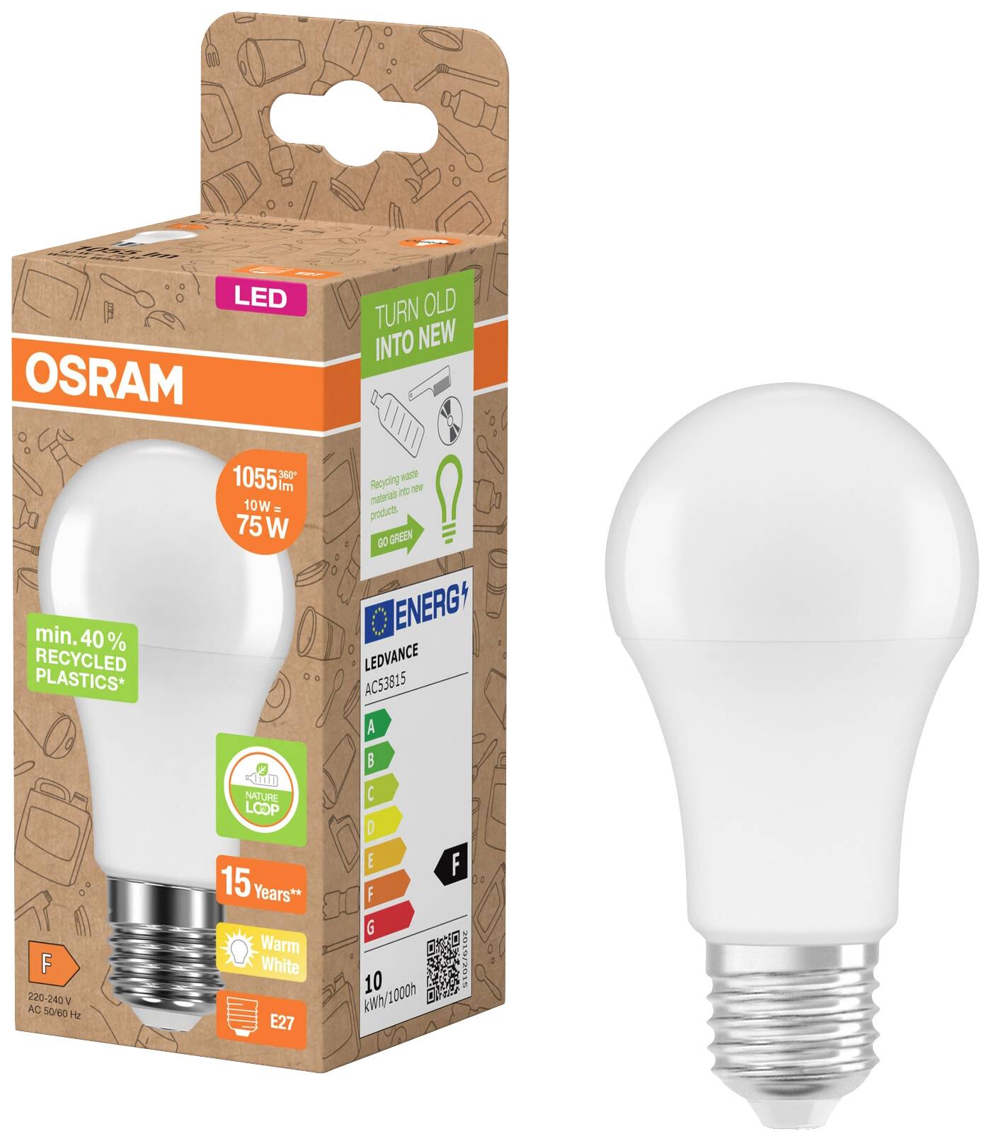 LED žárovka značky OSRAM vedle své krabičky, která zobrazuje detaily jako 1055 lm, 10W=75W, E27, energetická třída F a teplé bílé světlo. Obal zdůrazňuje použití recyklovaných materiálů.