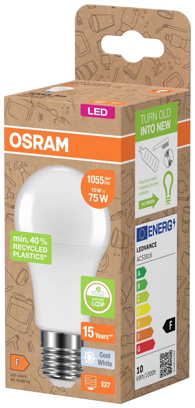 LED žárovka OSARM v obalu z recyklovaného materiálu. Třída energetické účinnosti F, 1055 lumenů, 10 W, patice E27, studená bílá.